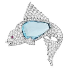 Antike Deco-Brosche/Anstecknadel, Segelfisch Aquamarin Diamant Platin
