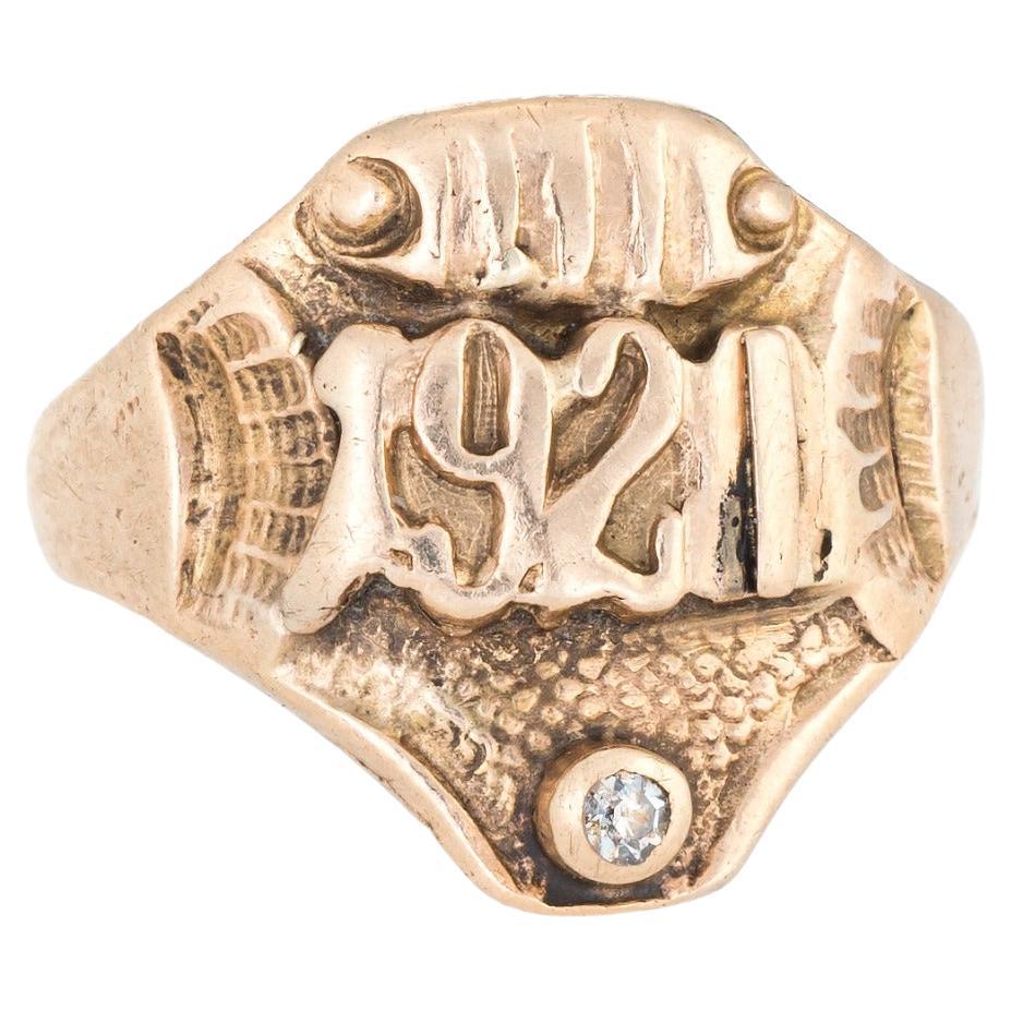 Antique Deco Signet Ring c1921 Diamond 14k Yellow Gold Vintage Jewelry