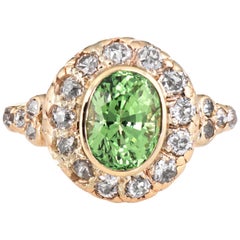 Antique Deco Tsavorite Garnet Diamond Ring Vintage 14 Karat Yellow Gold Jewelry