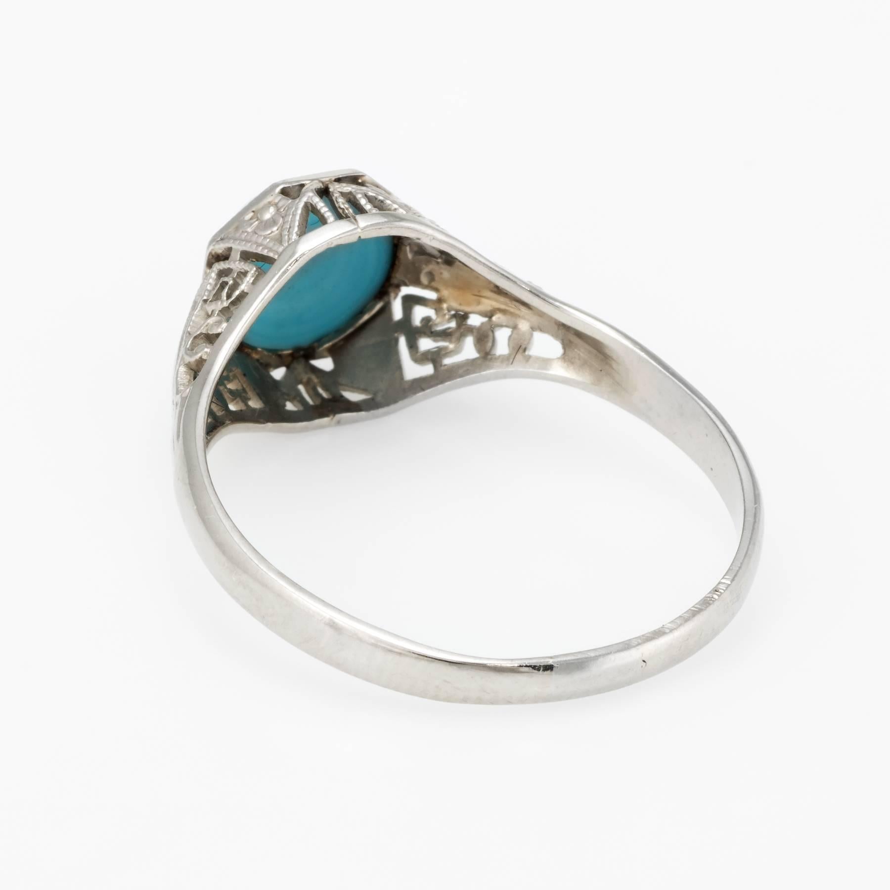 Antique Deco Turquoise Filigree Ring Vintage 14 Karat Gold Estate Fine Jewelry In Excellent Condition In Torrance, CA