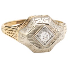 Antique Deco Two-Tone Diamond Ring Vintage 14 Karat Gold Etched