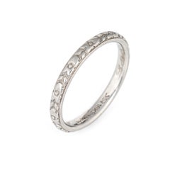 Antique Deco Wedding Band 18 Karat White Gold Flower Pattern Vintage Jewelry