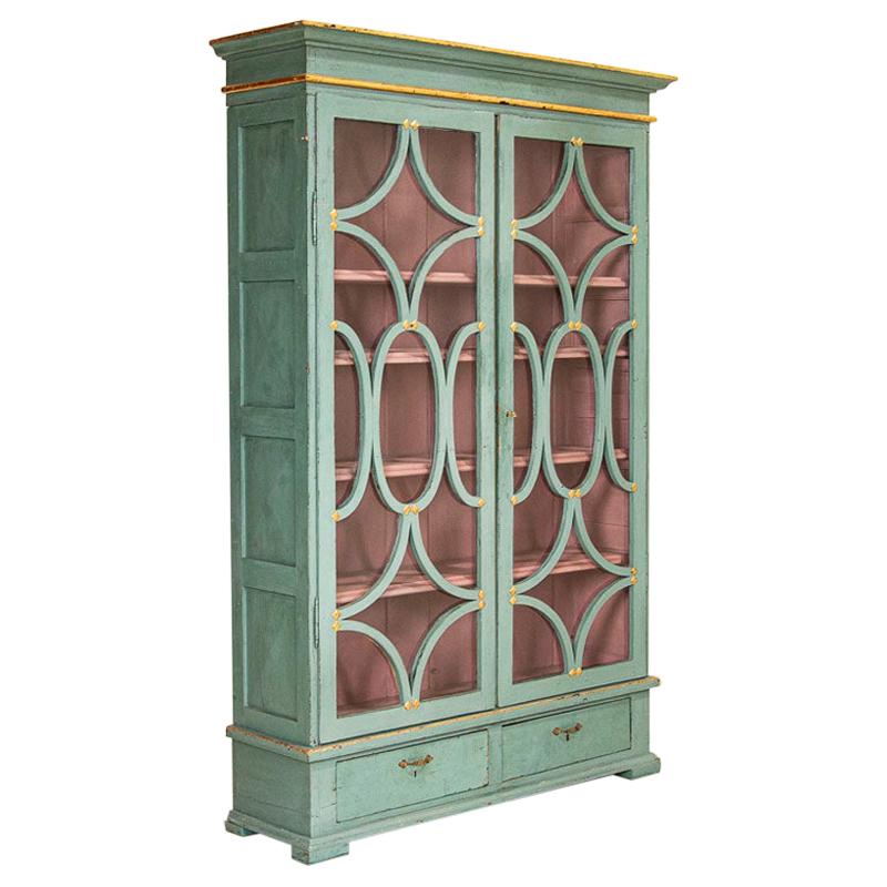 Antique Decorative Blue Painted Bookcase Display Cabinet from Denmark