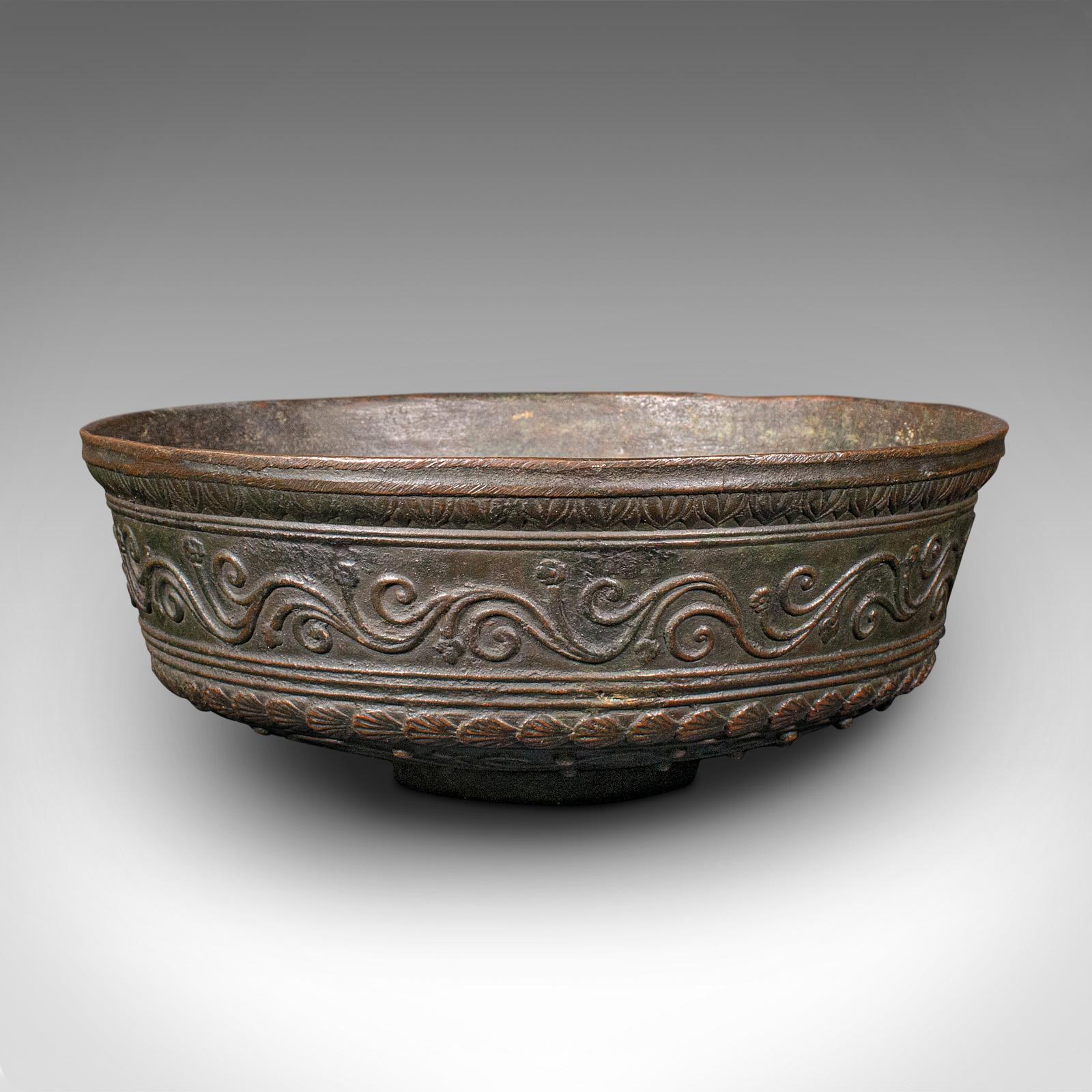 This is an antique decorative bowl. A Japanese, bronze censer from the Edo period, dating to the 18th century, circa 1750.

Pleasingly decorative dish with animal and scroll detail
Displays a desirable aged patina, commensurate with age
Antique