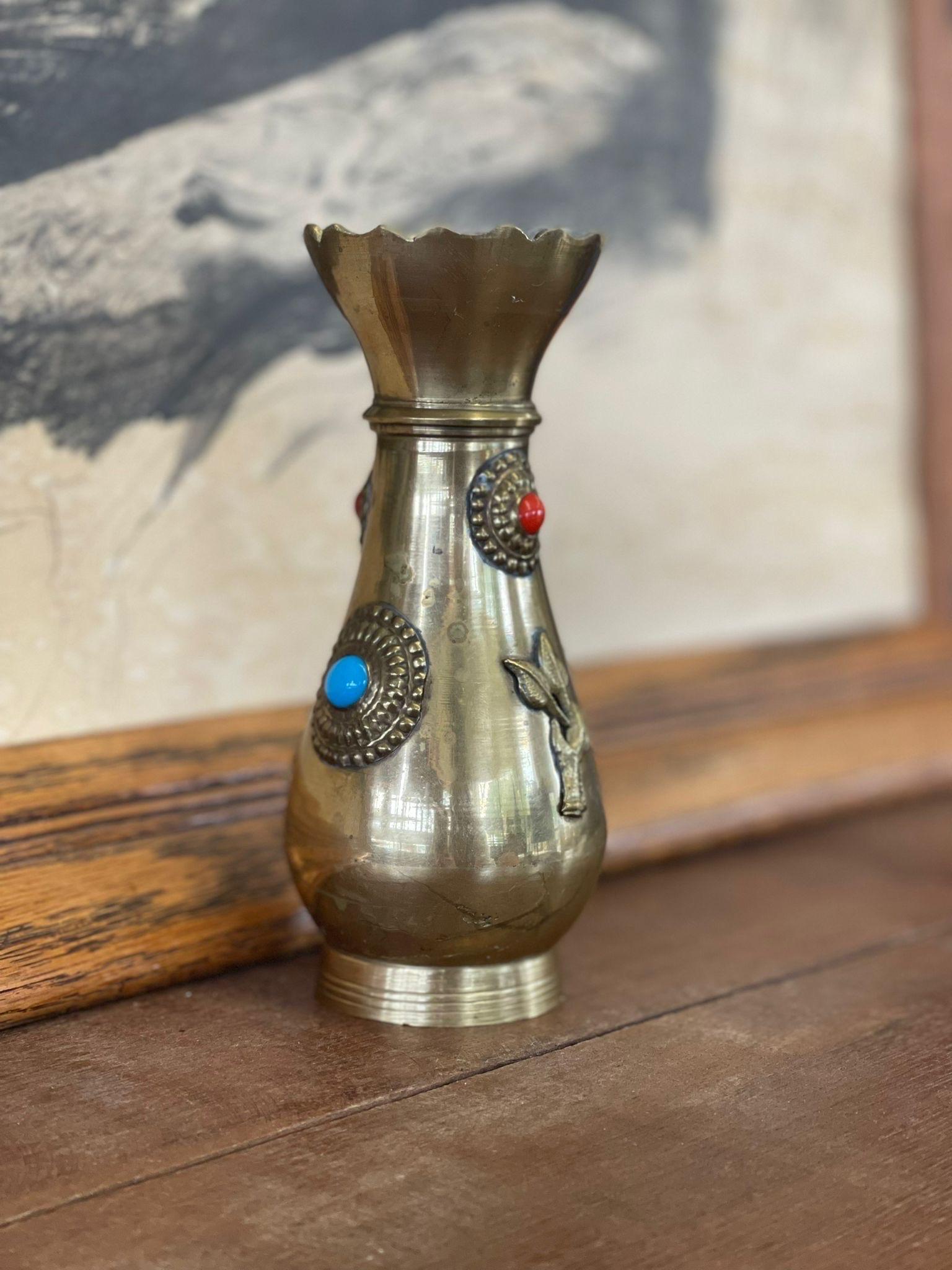 Art Deco Antique Decorative Brass Bejeweled Vase Red and Blue Accents For Sale