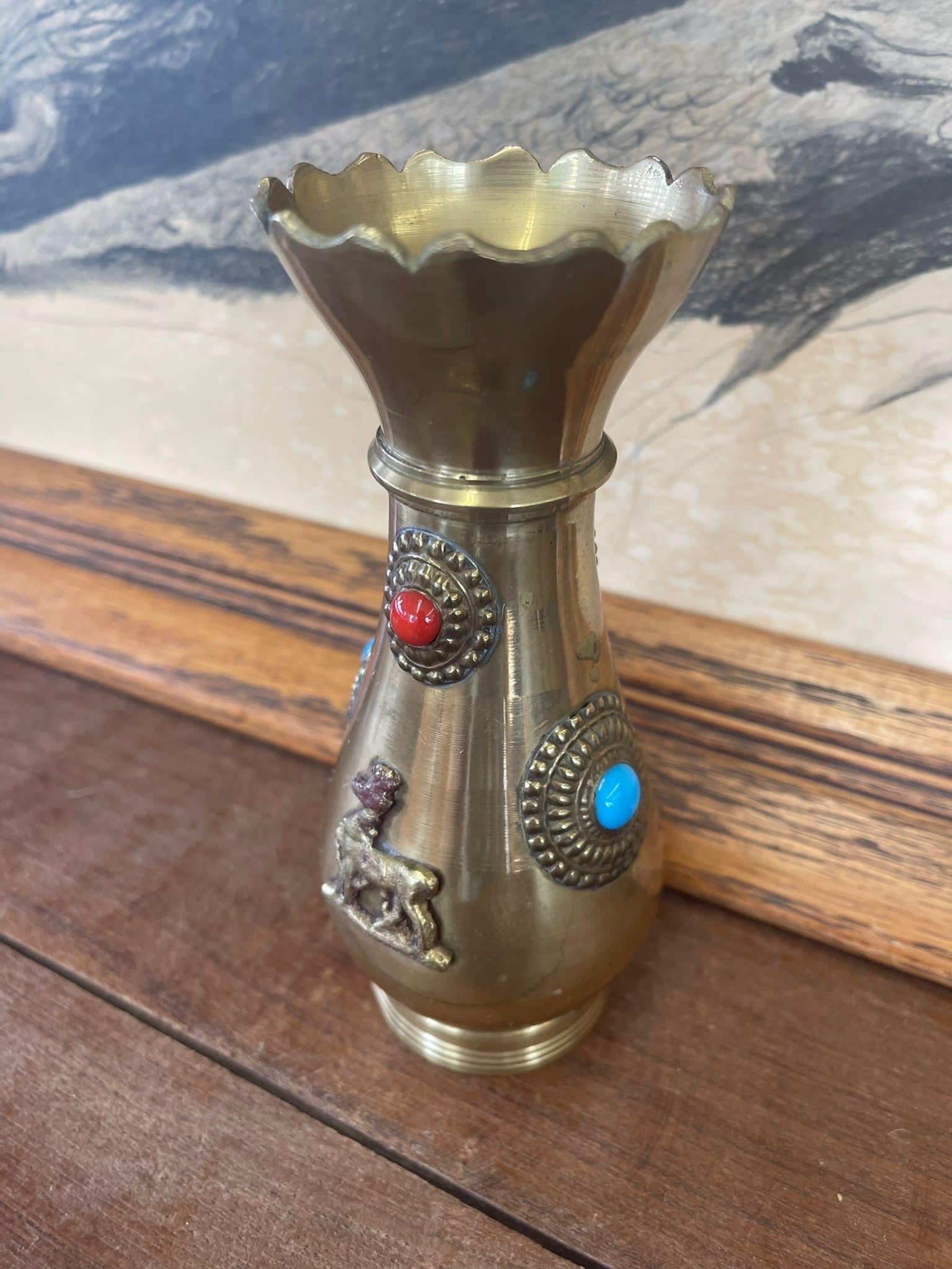 Antique Decorative Brass Bejeweled Vase Red and Blue Accents In Good Condition For Sale In Seattle, WA