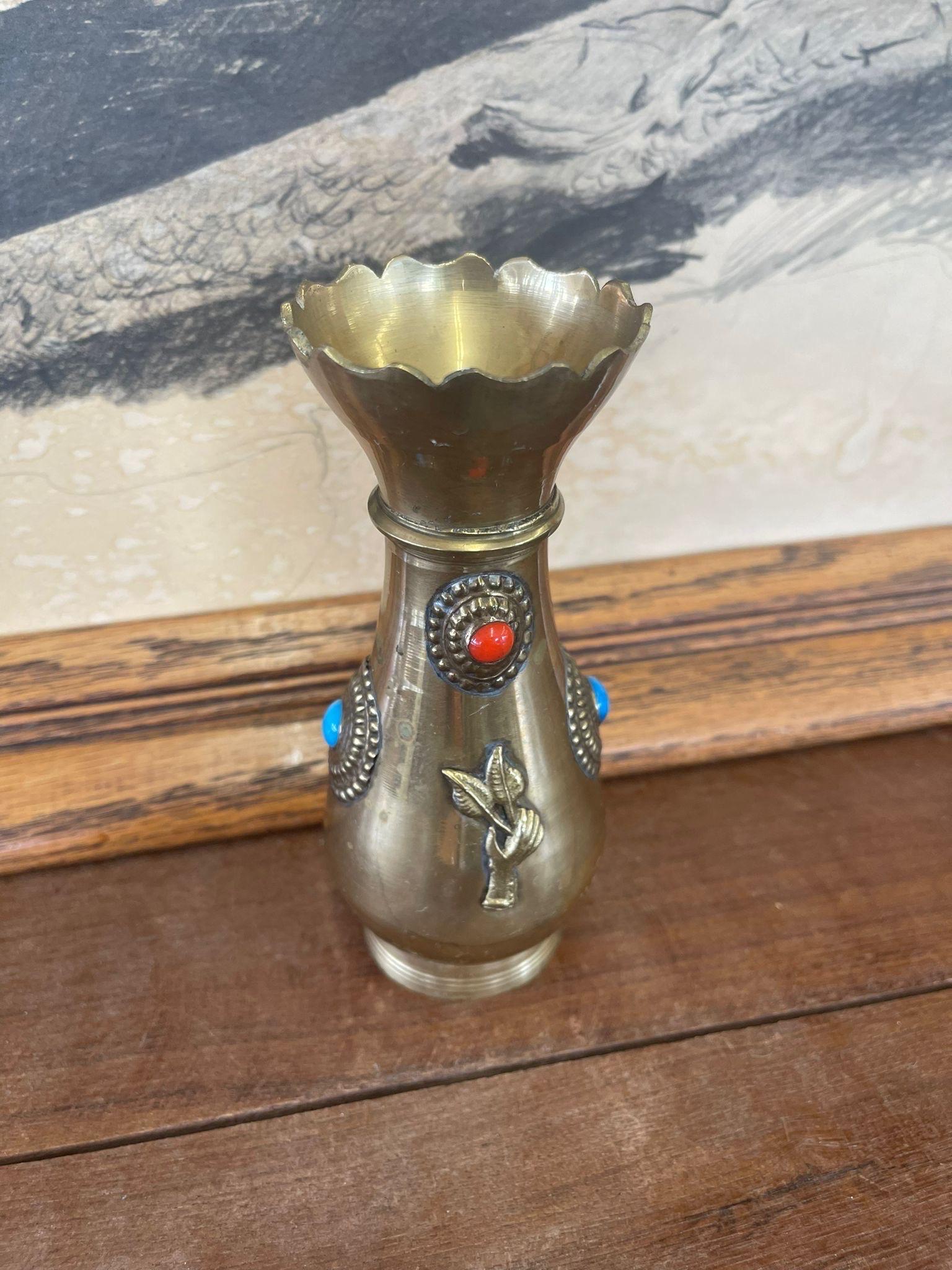 Late 20th Century Antique Decorative Brass Bejeweled Vase Red and Blue Accents For Sale