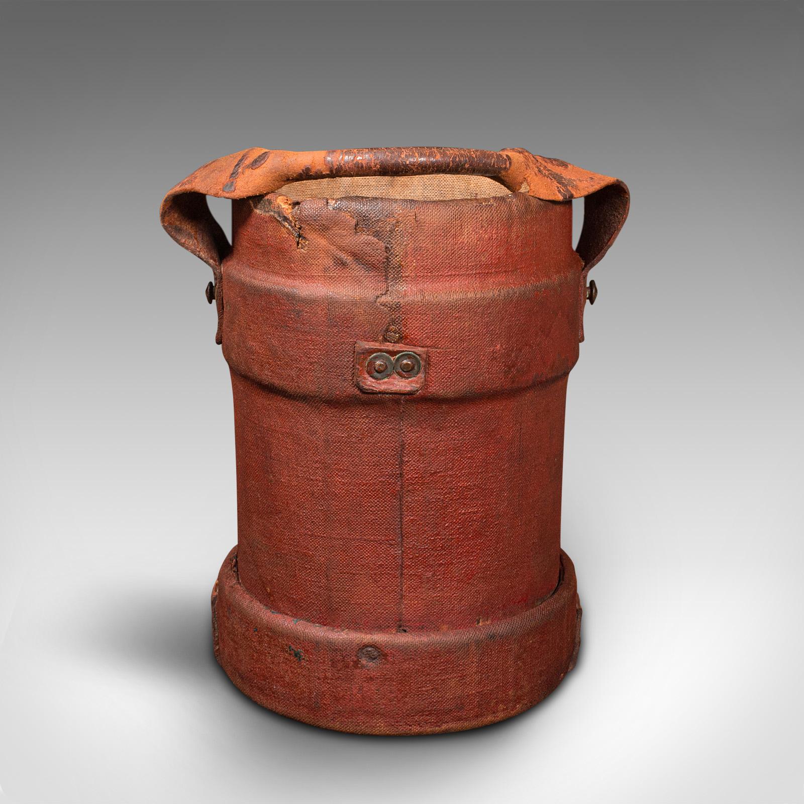 19th Century Antique Decorative Bucket, English, Canvas, Leather, Log Bin, Storage, Edwardian For Sale
