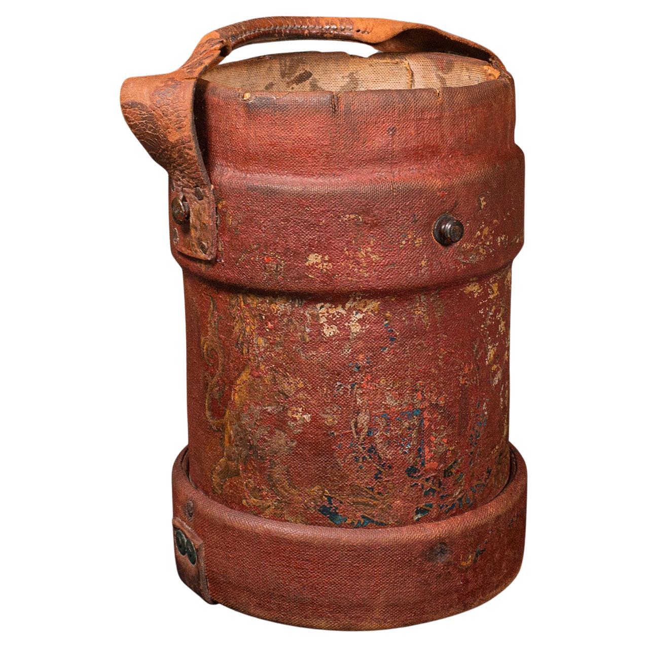 Antique Decorative Bucket, English, Canvas, Leather, Log Bin, Storage, Edwardian