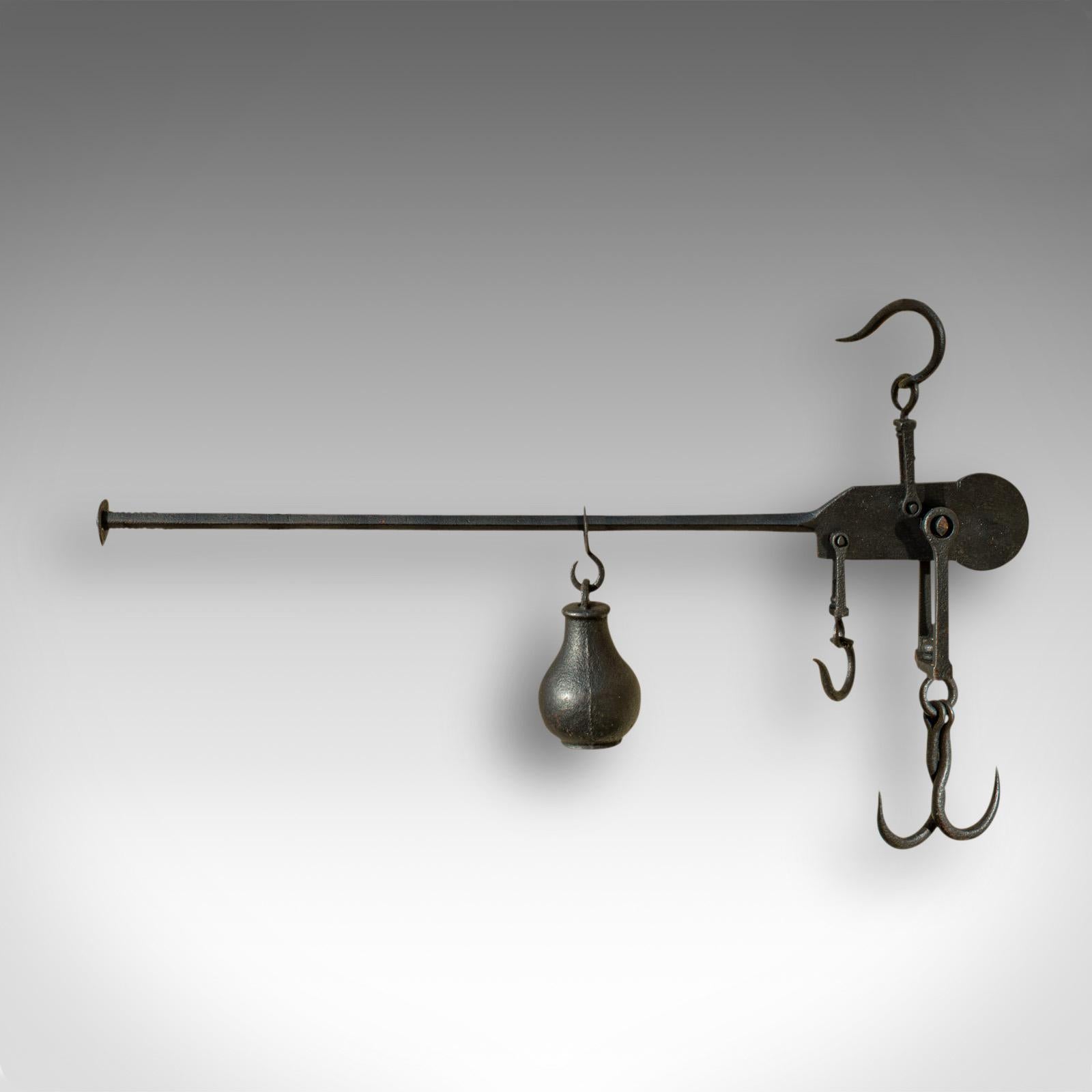 British Antique Decorative Butcher's Steelyard, English, Iron, Weighing Instrument, 1800