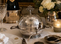 Antique Decorative Butter Dish Caviar Serving, Silver Quadruple Plate Lid, Spoon
