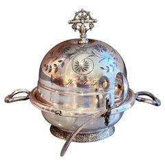 Antique Decorative Butter Dish Caviar Serving, Silver Quadruple Plate Lid, Spoon