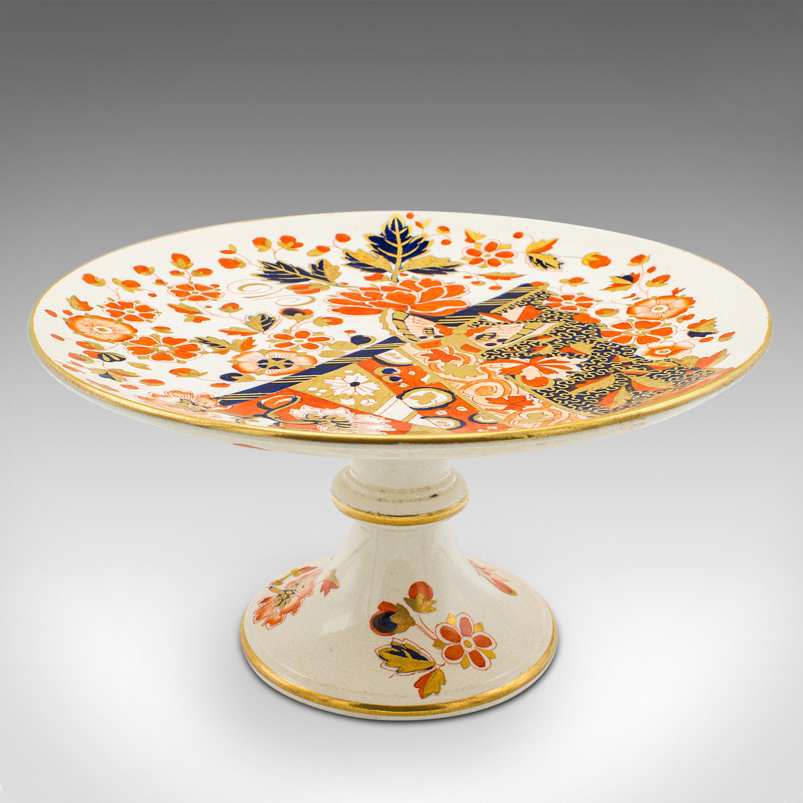 This is an antique decorative cake stand and sugar bowl. An English, ceramic afternoon tea set, dating to the late Victorian period, circa 1890.

Delightful decorative appeal to bring a dash of colour to afternoon tea
Displays a desirable aged