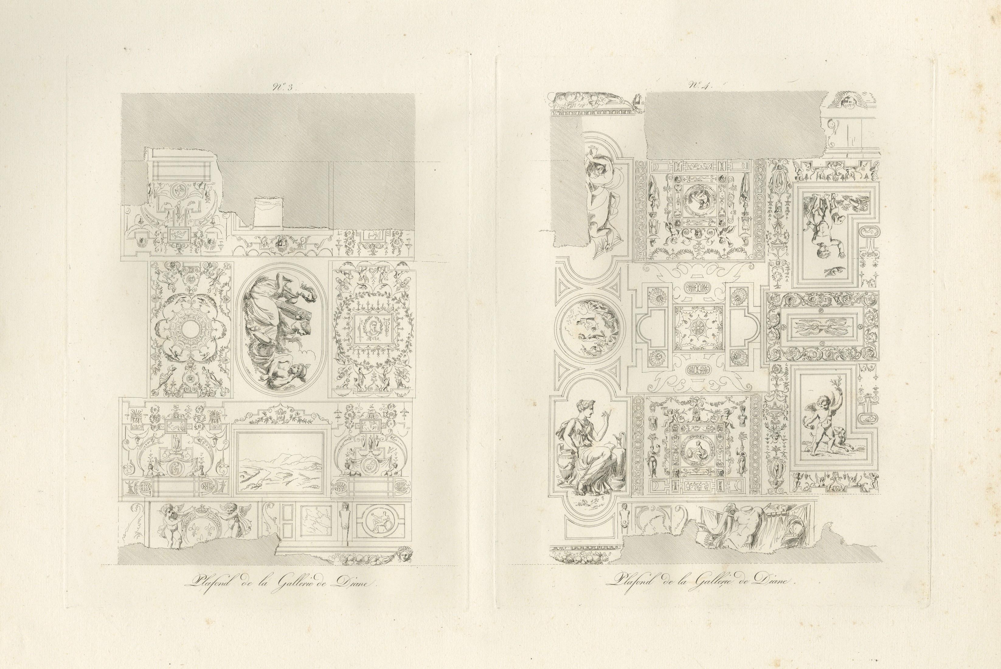 Antique Decorative Ceiling Designs, Fontainebleau Gallery, Baltard, 1803 – Pair
