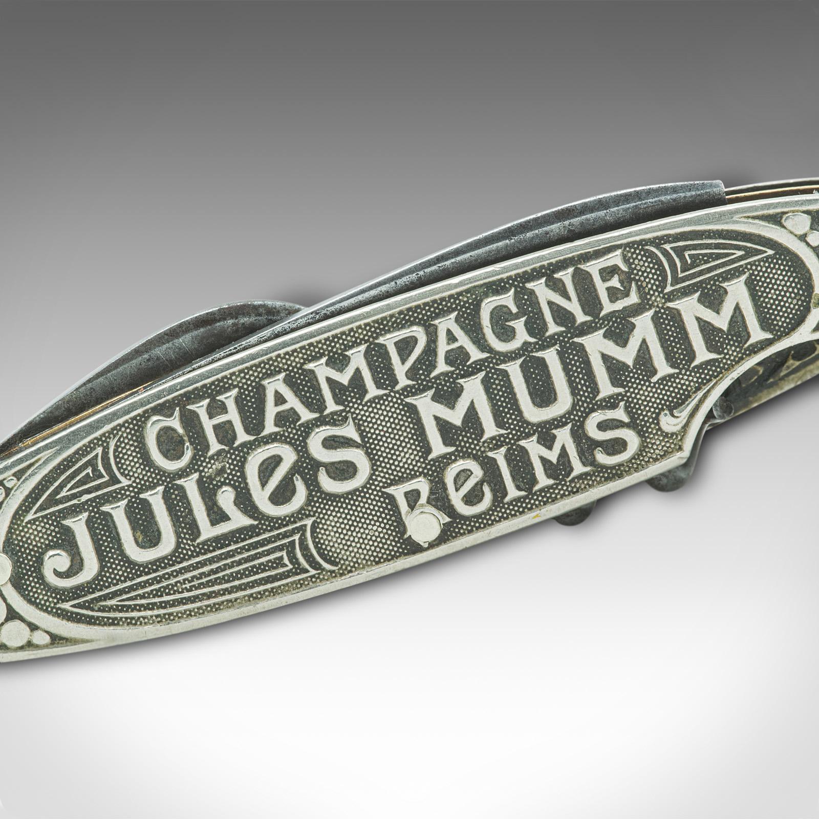 Antiker dekorativer Champagner-Korkenzieher, Deutsch, Multitool, Jules Mumm, um 1920 (Metall) im Angebot