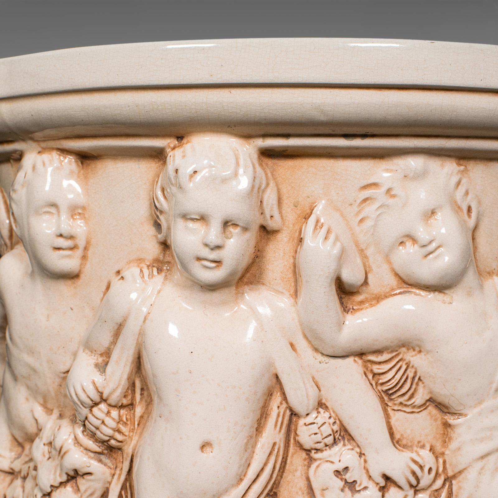 Antique Decorative Cherub Jardiniere, English, Ceramic Planter, Putti, Edwardian For Sale 6