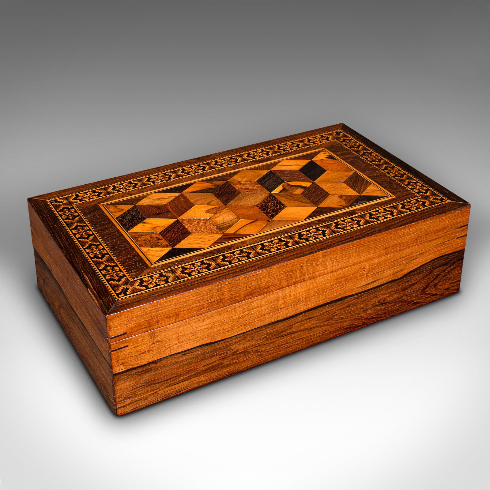 This is an antique decorative cigar box. An English, Tunbridge ware inlaid keepsake box or desk tidy, dating to the late Victorian period, circa 1900.

Striking marquetry accentuates this wonderful cigar keeper
Displaying a desirable aged patina