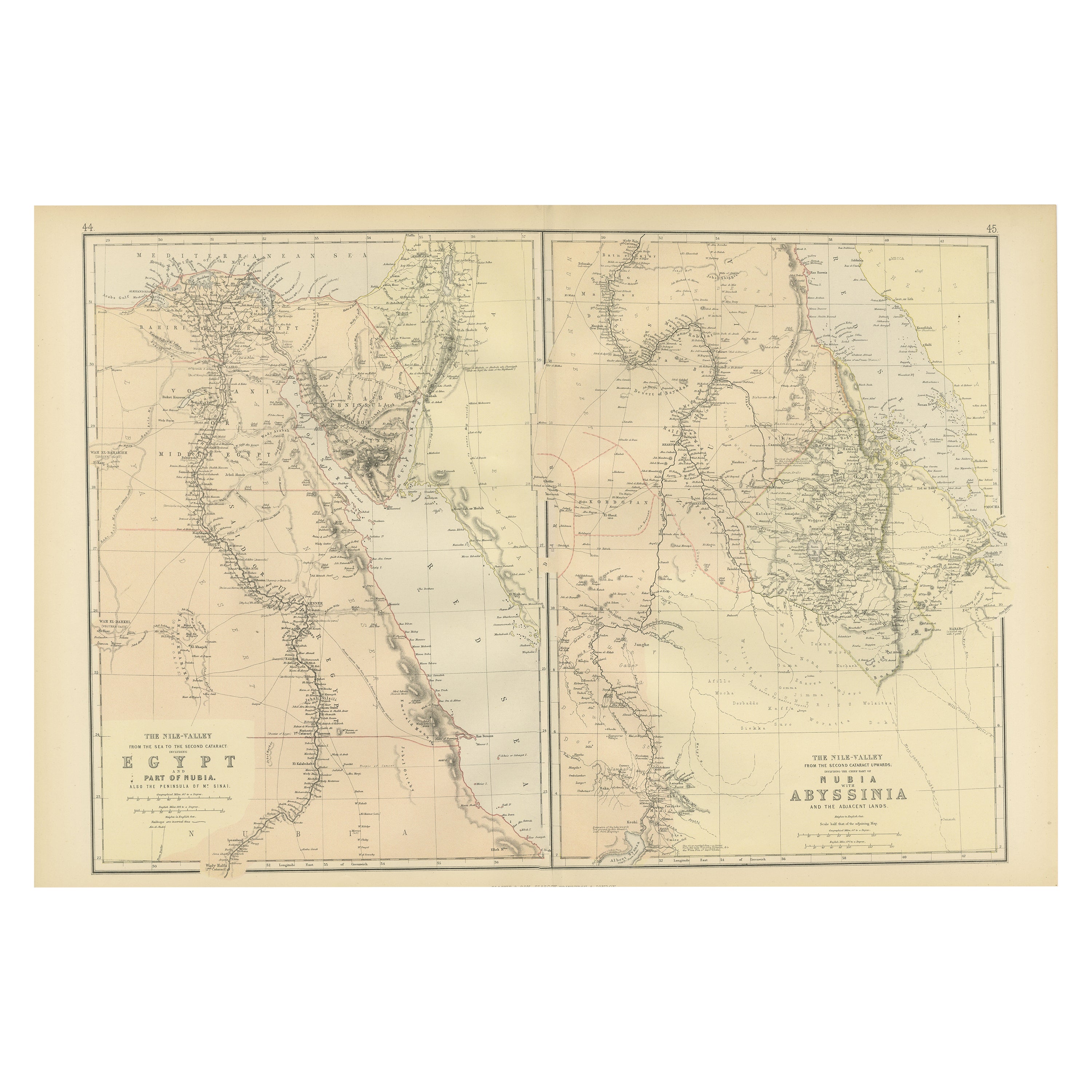 Antiguo Mapa Decorativo Coloreado Egipto, Nubia, Abisinia y más, 1882
