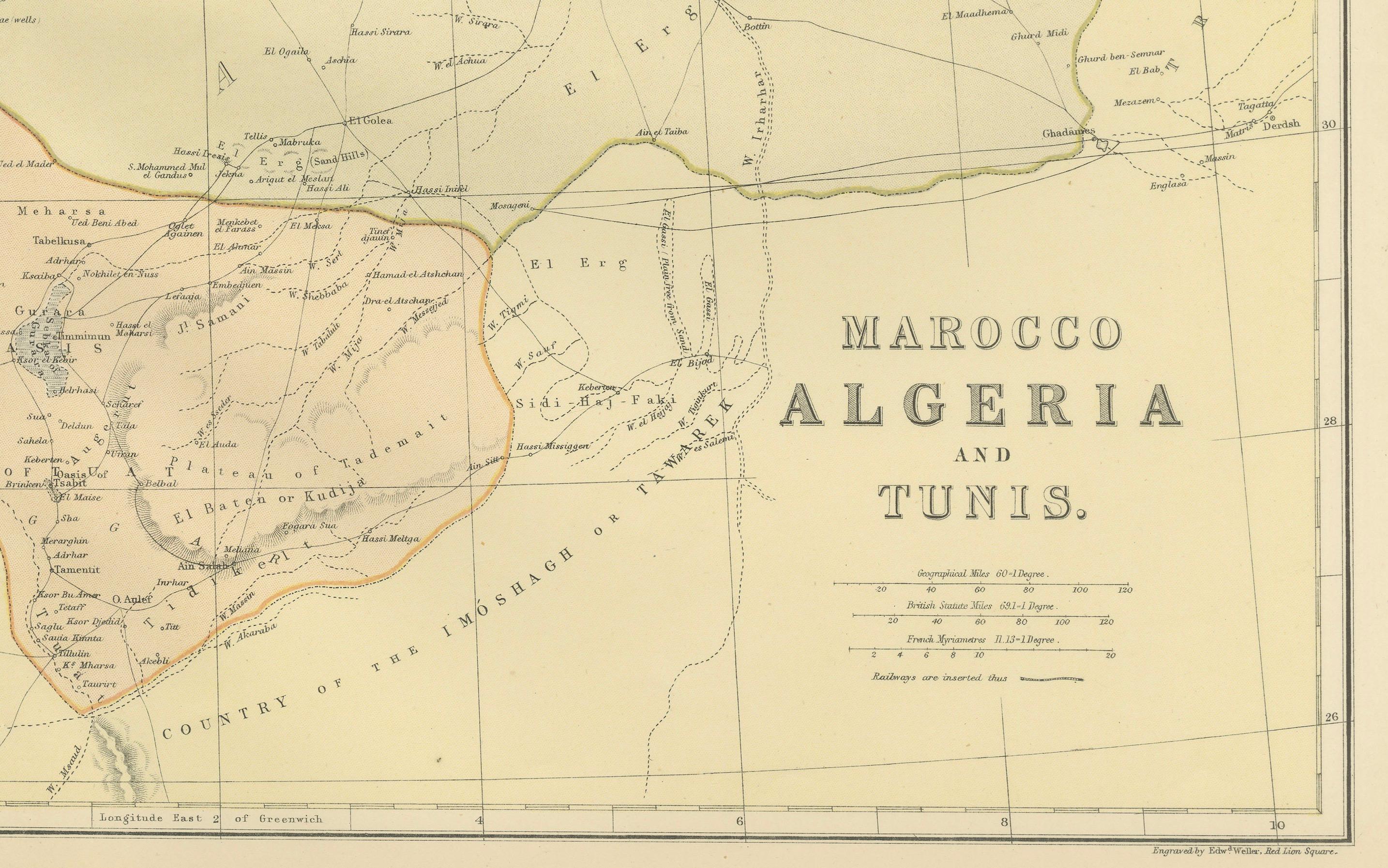 The  maps is from the 1882 atlas by Blackie & Son and offers a detailed view of the North African regions as understood in the late 19th century. 

**Map of Morocco, Algeria, and Tunis:**
This map details the North African coast from Morocco to