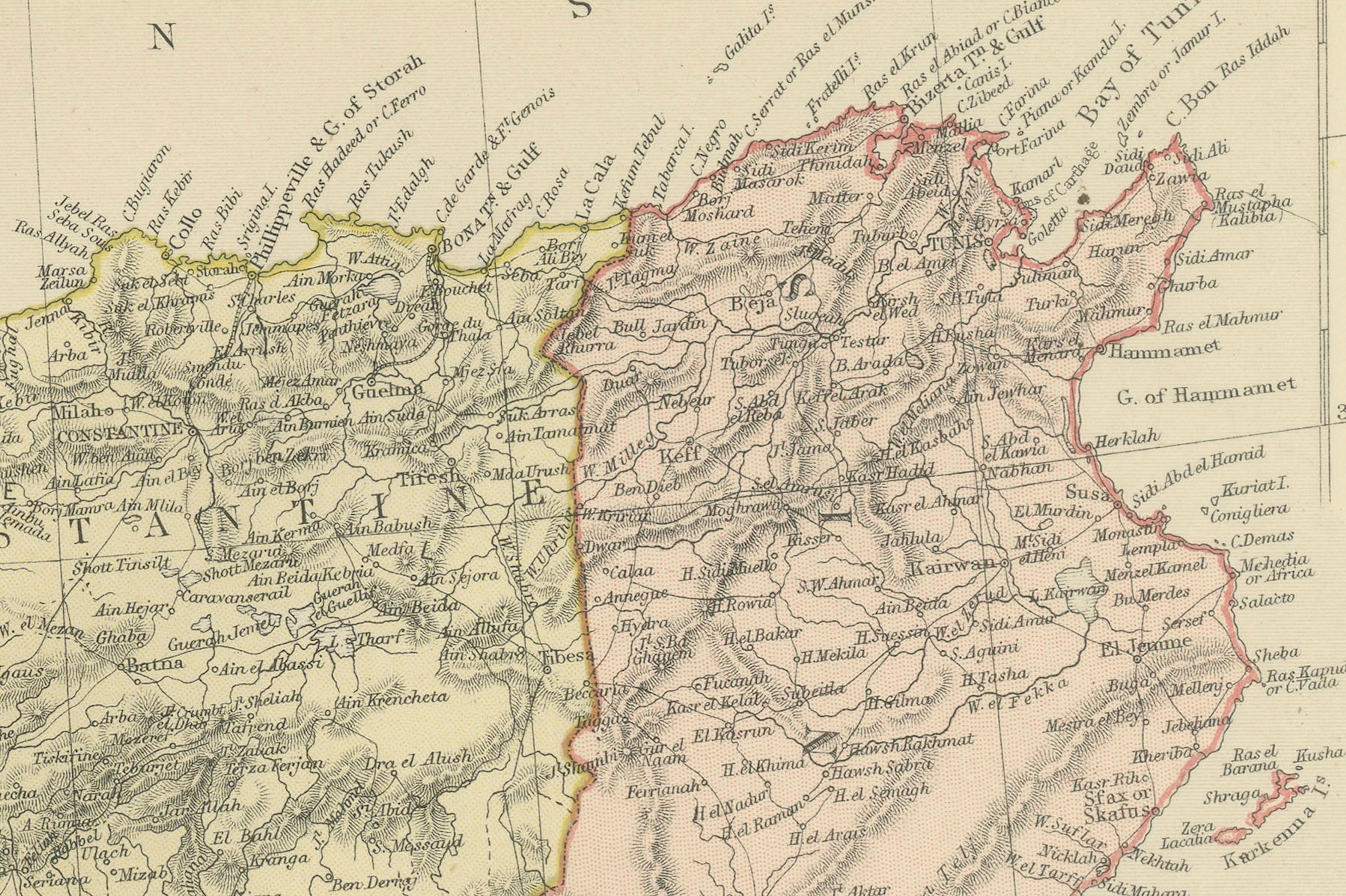 Late 19th Century Antique Decorative Coloured Map Marocco, Algeria and Tunis, 1882 For Sale