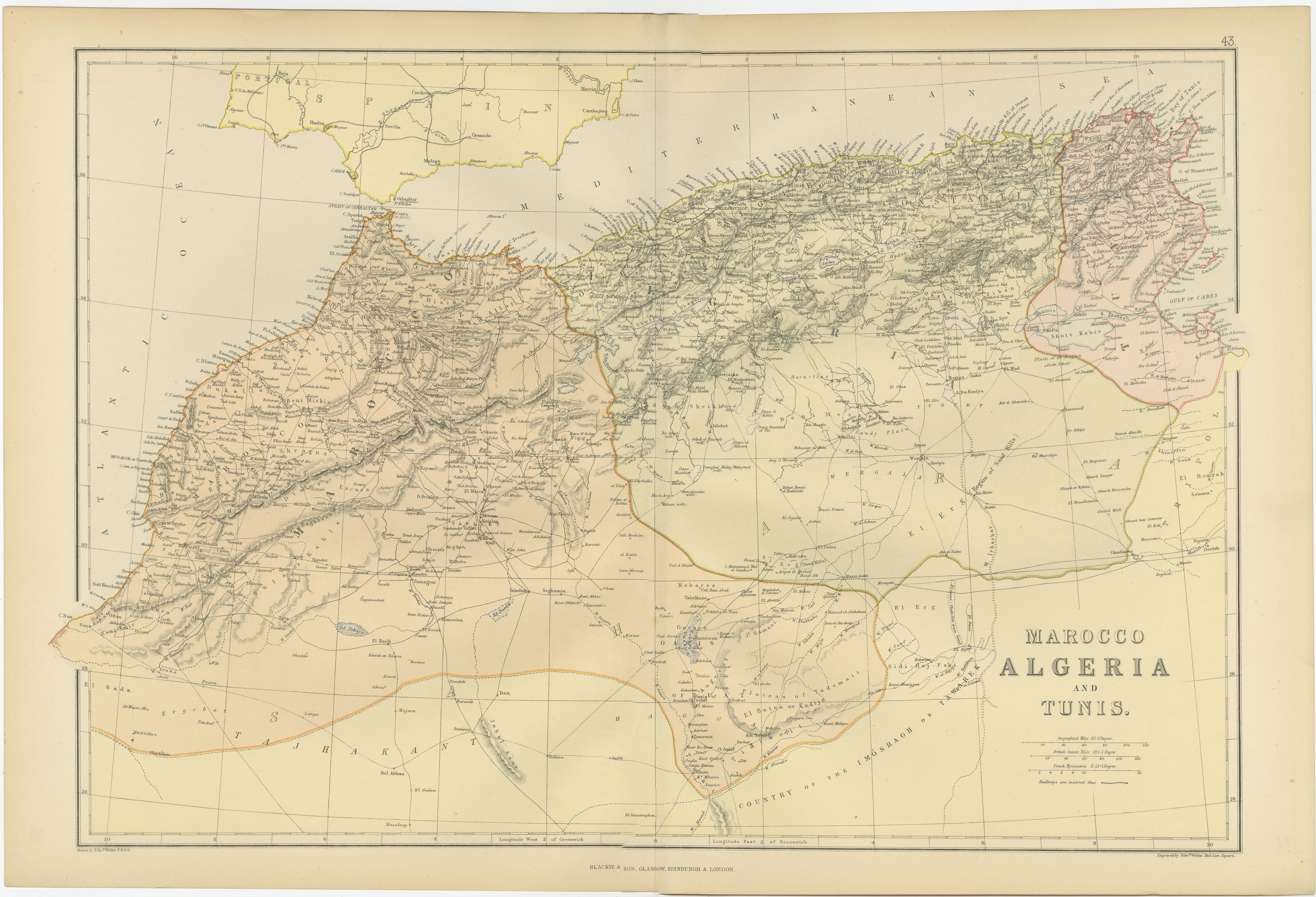 Paper Antique Decorative Coloured Map Marocco, Algeria and Tunis, 1882 For Sale