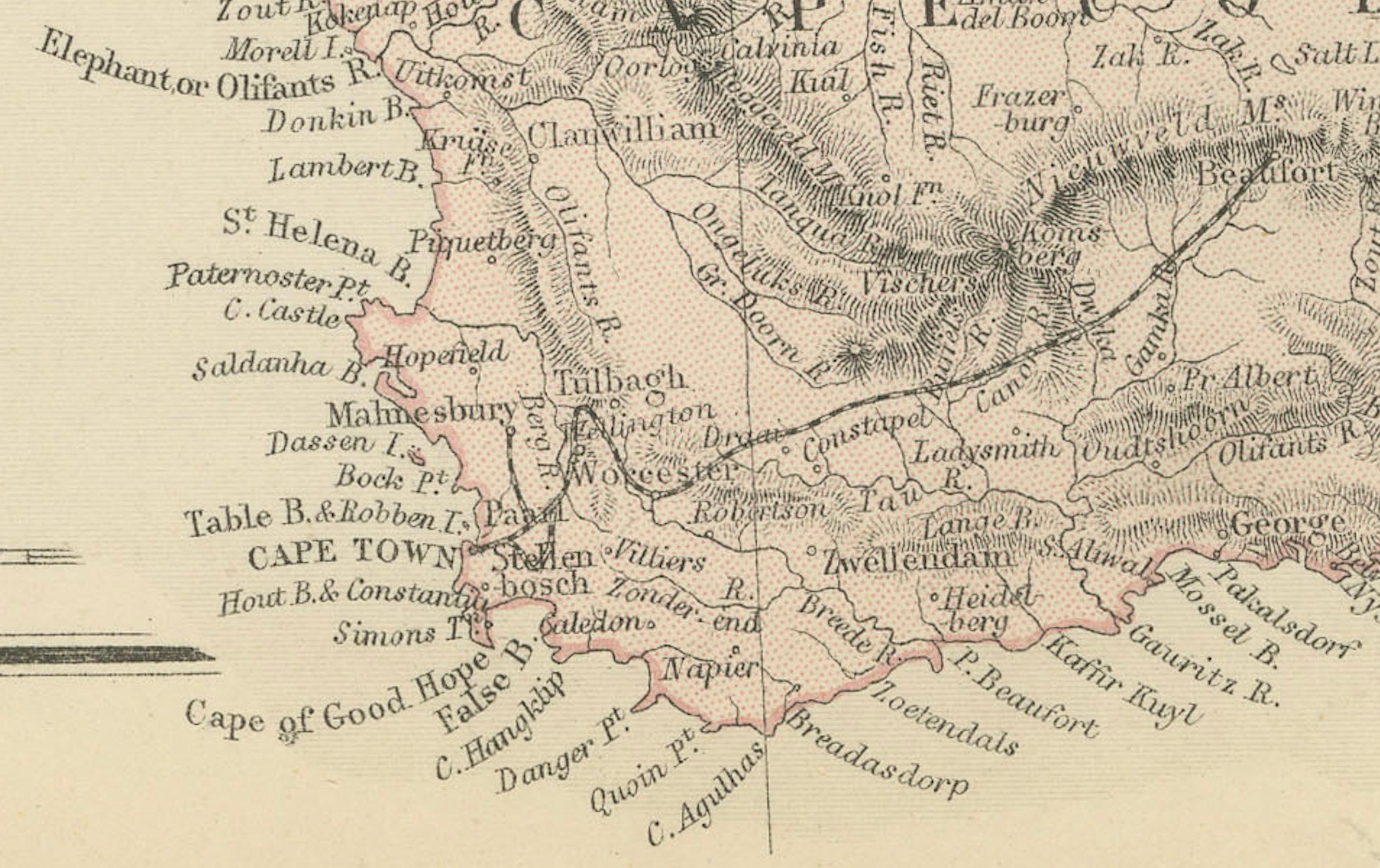Die Karte von Südafrika stammt aus dem Blackie & Son Atlas, der 1882 veröffentlicht wurde. Diese historische Karte ist aus mehreren Gründen sehr interessant:

1. **Geschichtlicher Zeitraum**: Diese Karte entstand in einer bedeutenden Periode der
