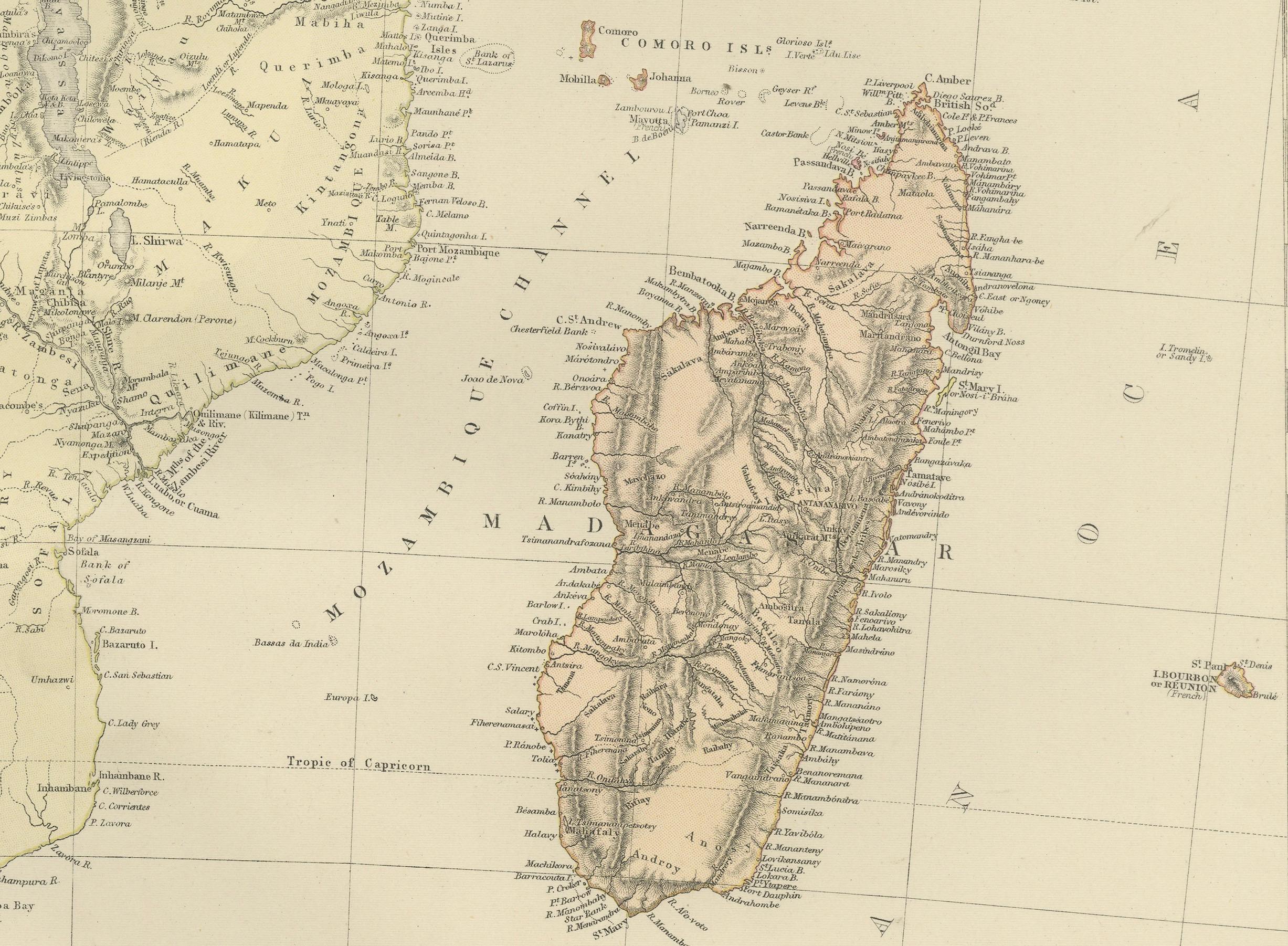 Antique Decorative Coloured Map of South Africa and Madagascar, 1882 For Sale 1