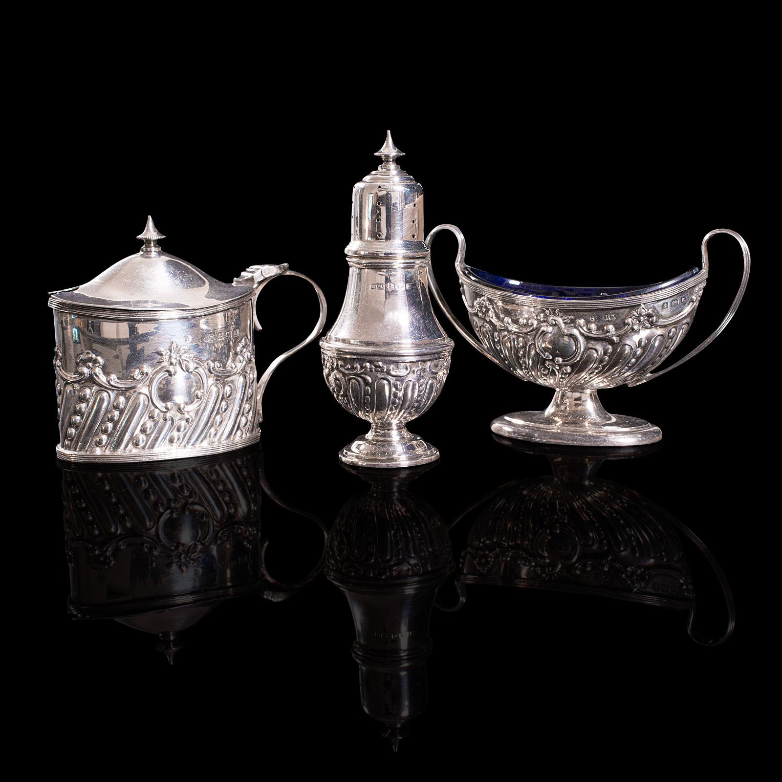 Antique Decorative Condiment Set, English, Silver, Hallmarked, Edwardian, 1909 For Sale 4