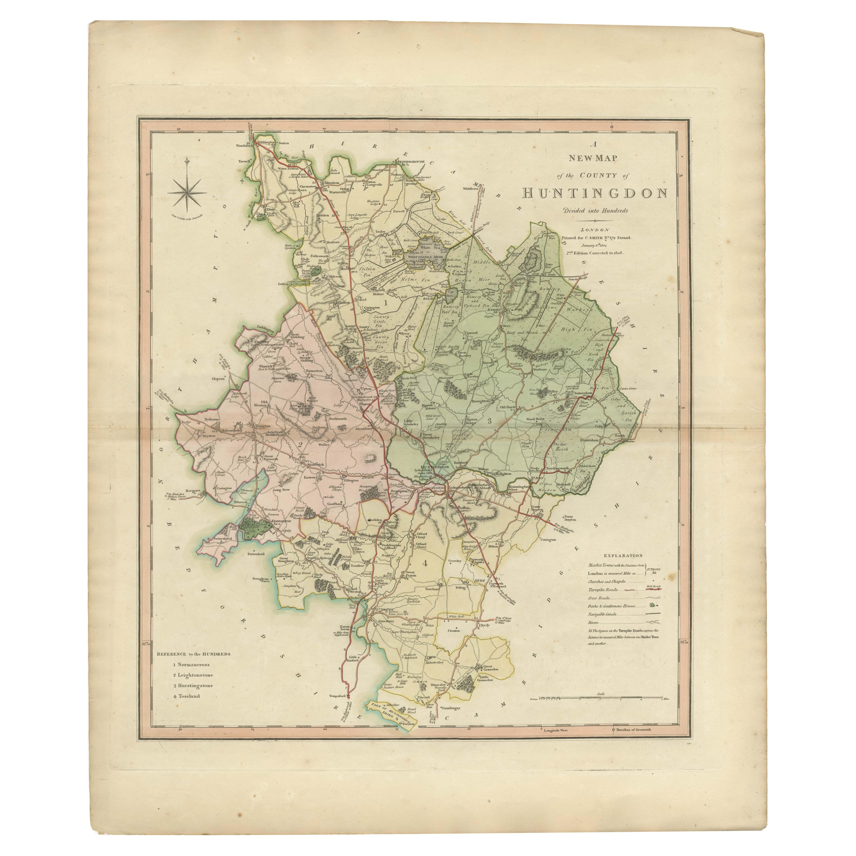 Antica mappa decorativa della contea di Huntingdonshire, Inghilterra, 1804 in vendita