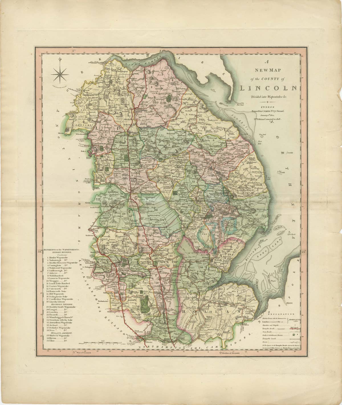 Antique Decorative County Map of Lincolnshire, England, 1804
