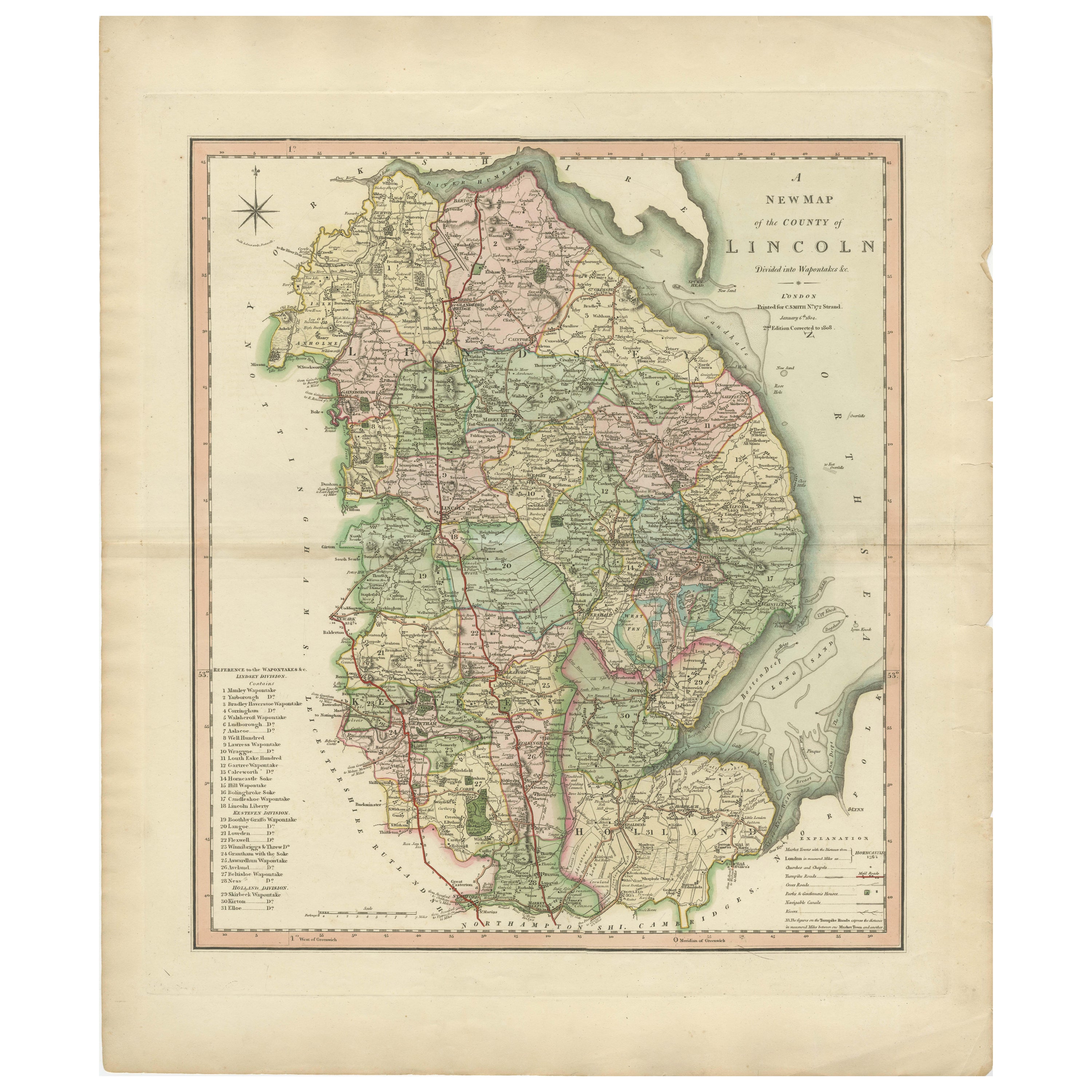 Antica mappa decorativa della contea del Lincolnshire, Inghilterra, 1804