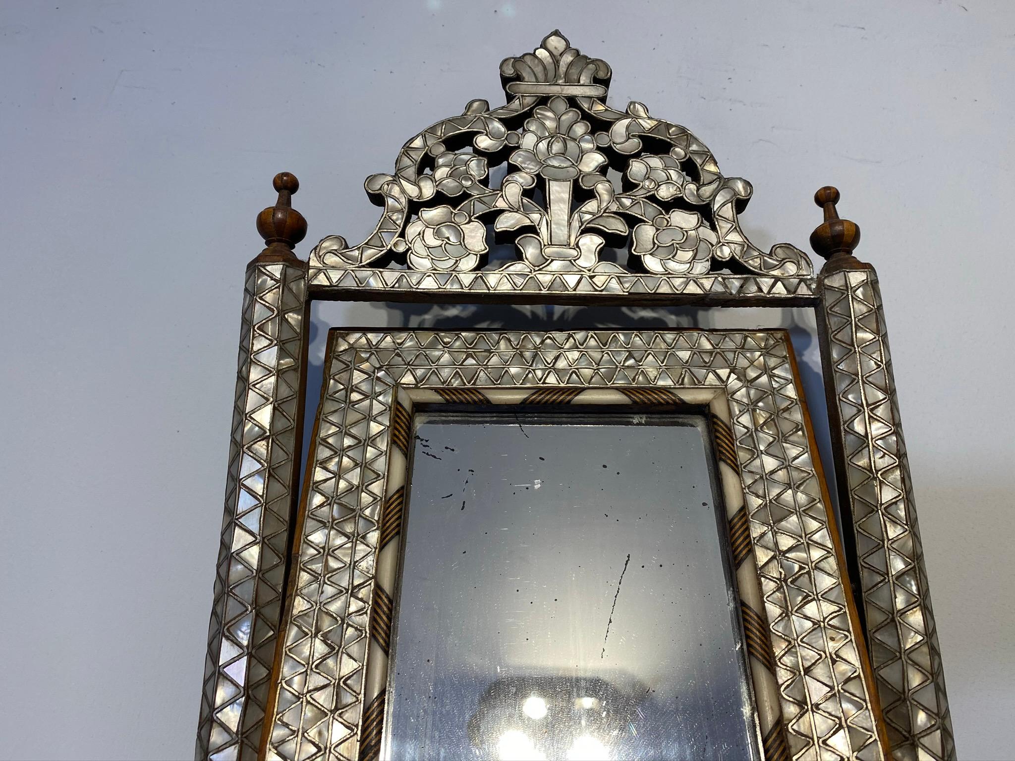 Asian Antique Decorative Damascene Middle East Vanity Mirror and Drawer Set For Sale