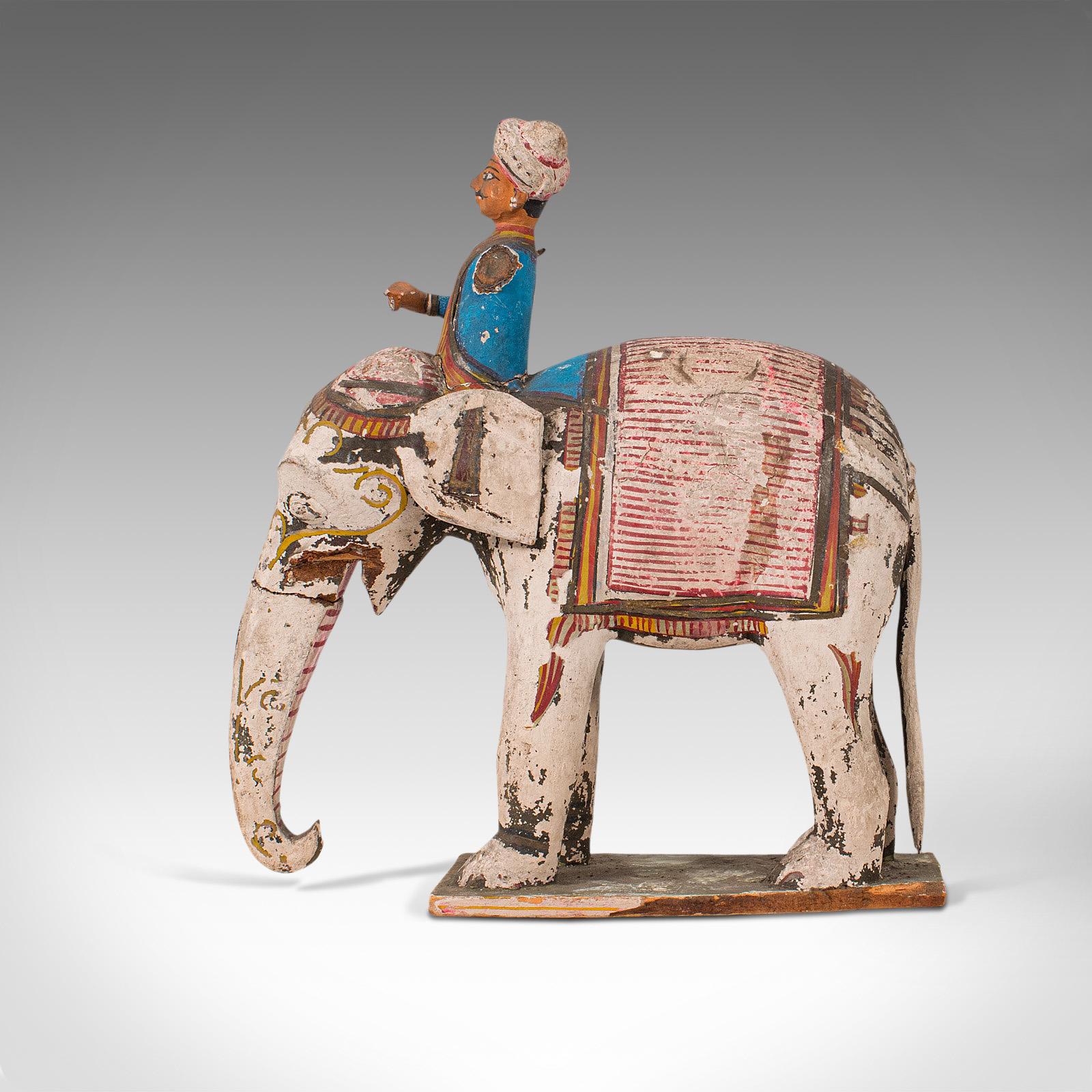 Wood Antique Decorative Elephant and Rider, Indian, Hand Painted, Figure, Victorian For Sale