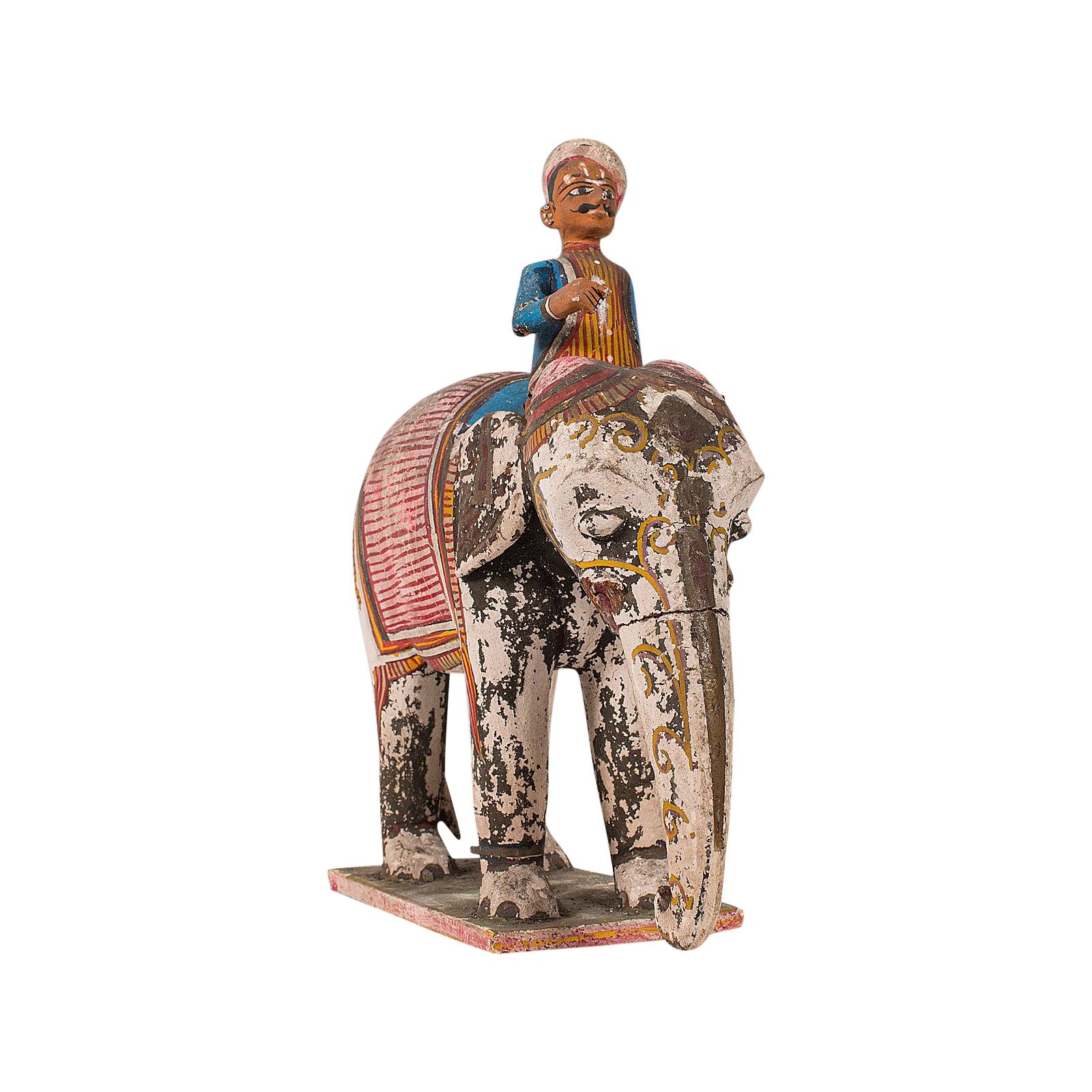 Éléphant et cavalier décoratifs anciens, indiens, peints à la main, figure victorienne