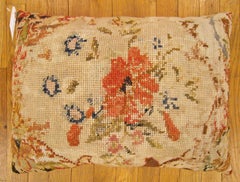 Antique Decorative English Needlepoint Rug Pillow with Floral Elements