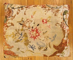 Antique Decorative English Needlepoint Rug Pillow with Floral Elements