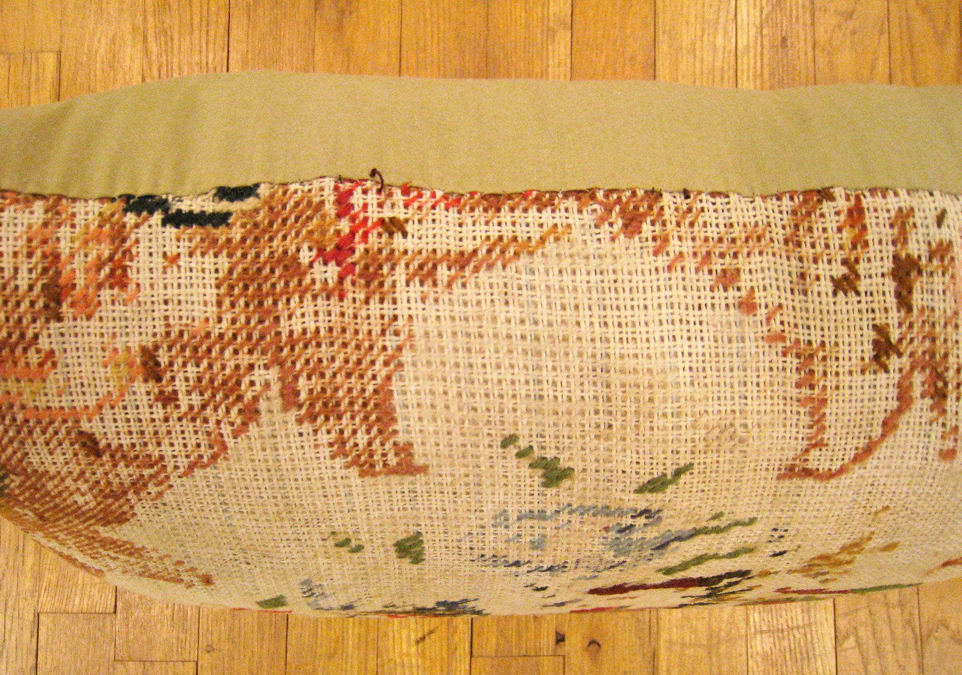 Antique Decorative English Needlepoint Rug Pillow with Floral Elements In Good Condition For Sale In New York, NY