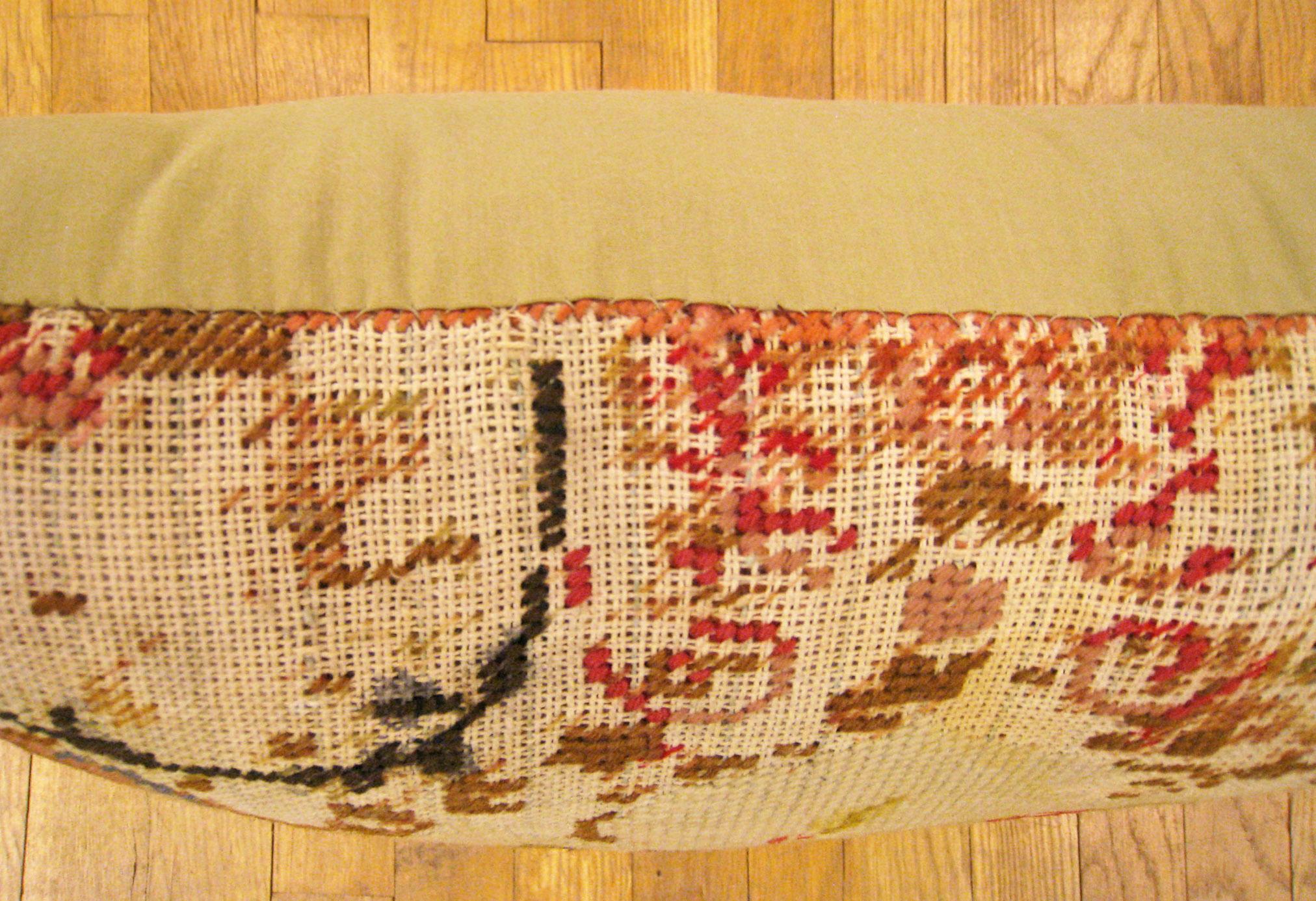 Antique Decorative English Needlepoint Rug Pillow with Floral Elements In Good Condition For Sale In New York, NY