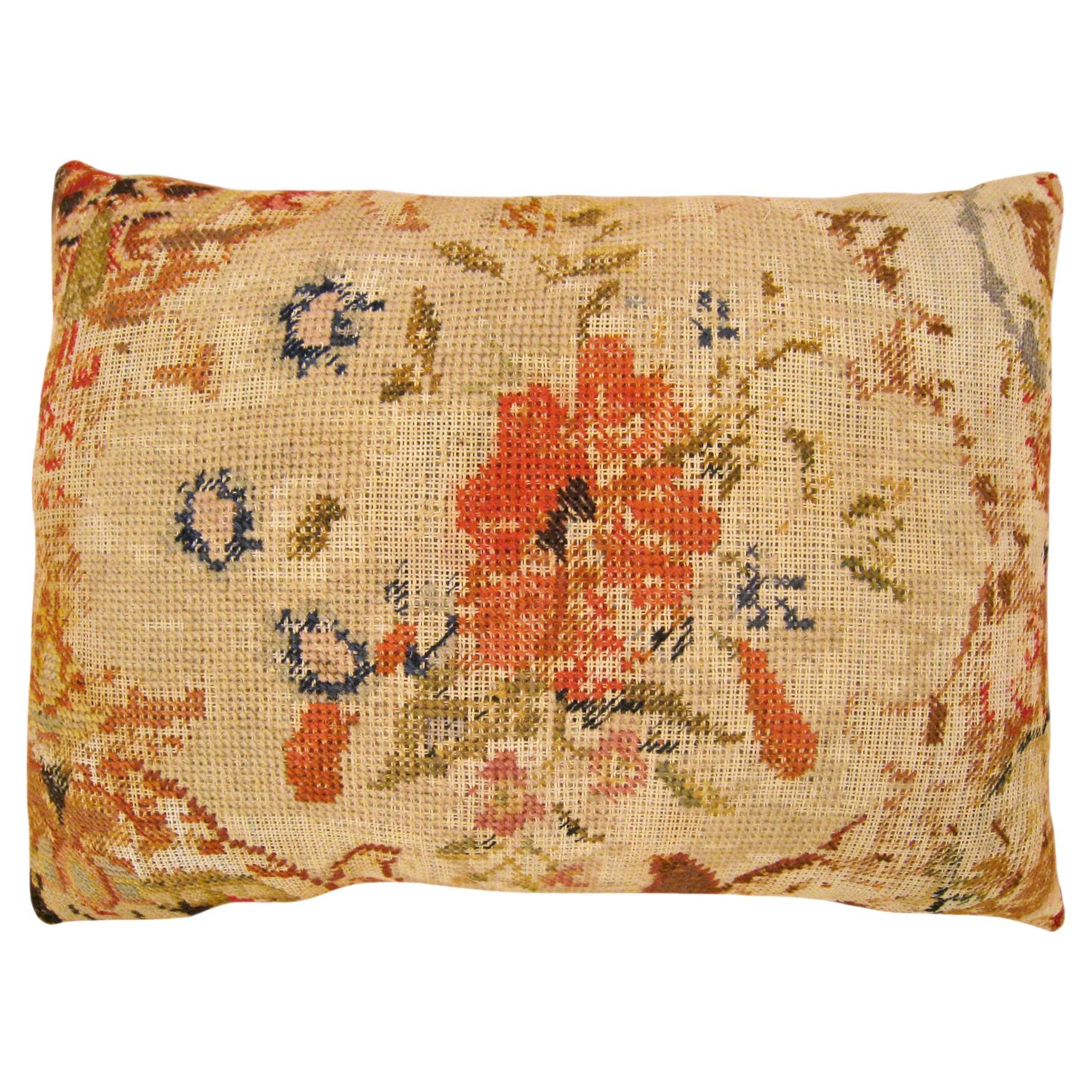 Antique Decorative English Needlepoint Rug Pillow with Floral Elements