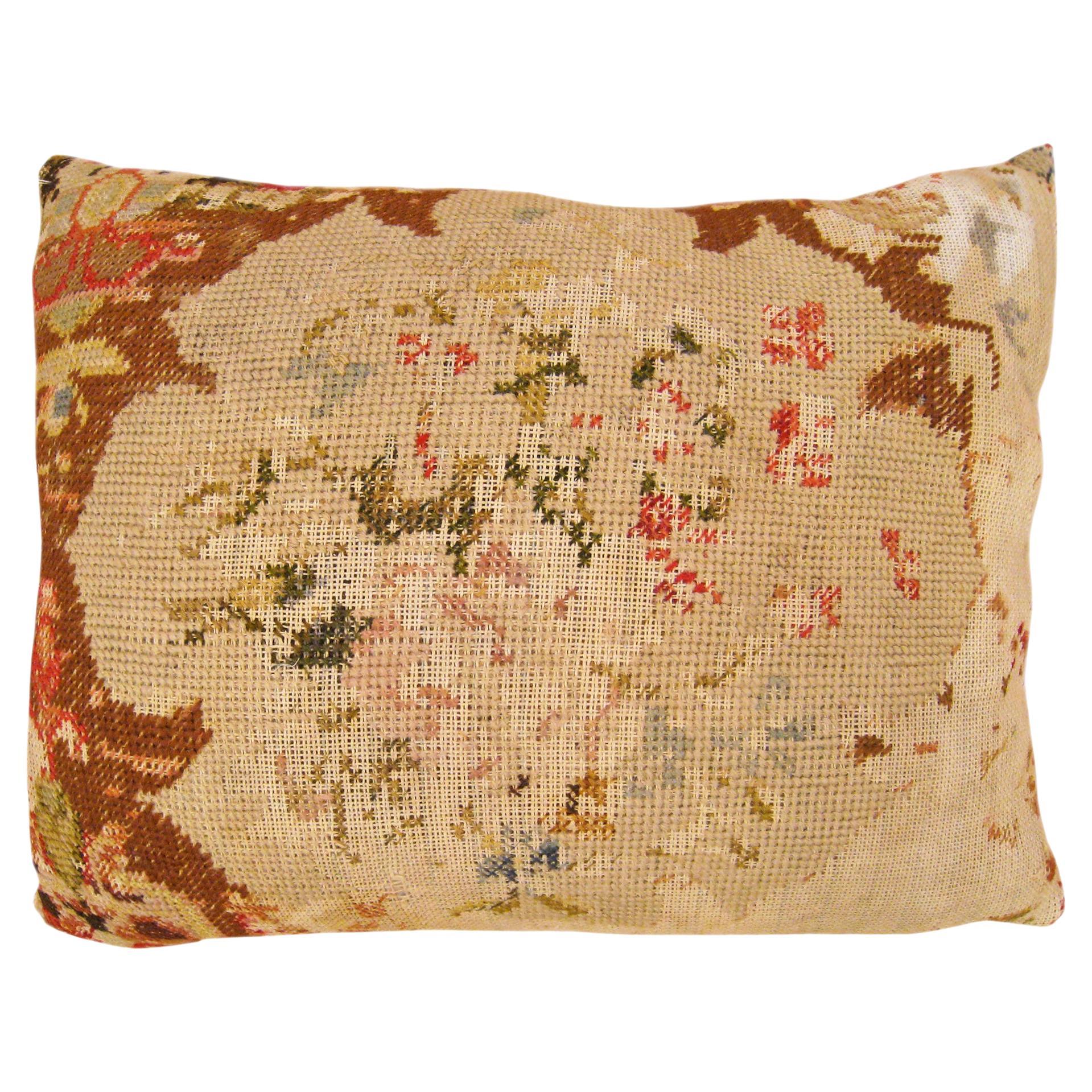 Antique Decorative English Needlepoint Rug Pillow with Floral Elements For Sale