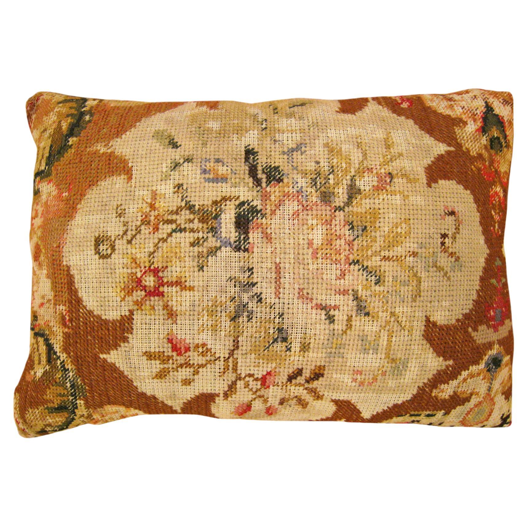 Antique Decorative English Needlepoint Rug Pillow with Floral Elements For Sale