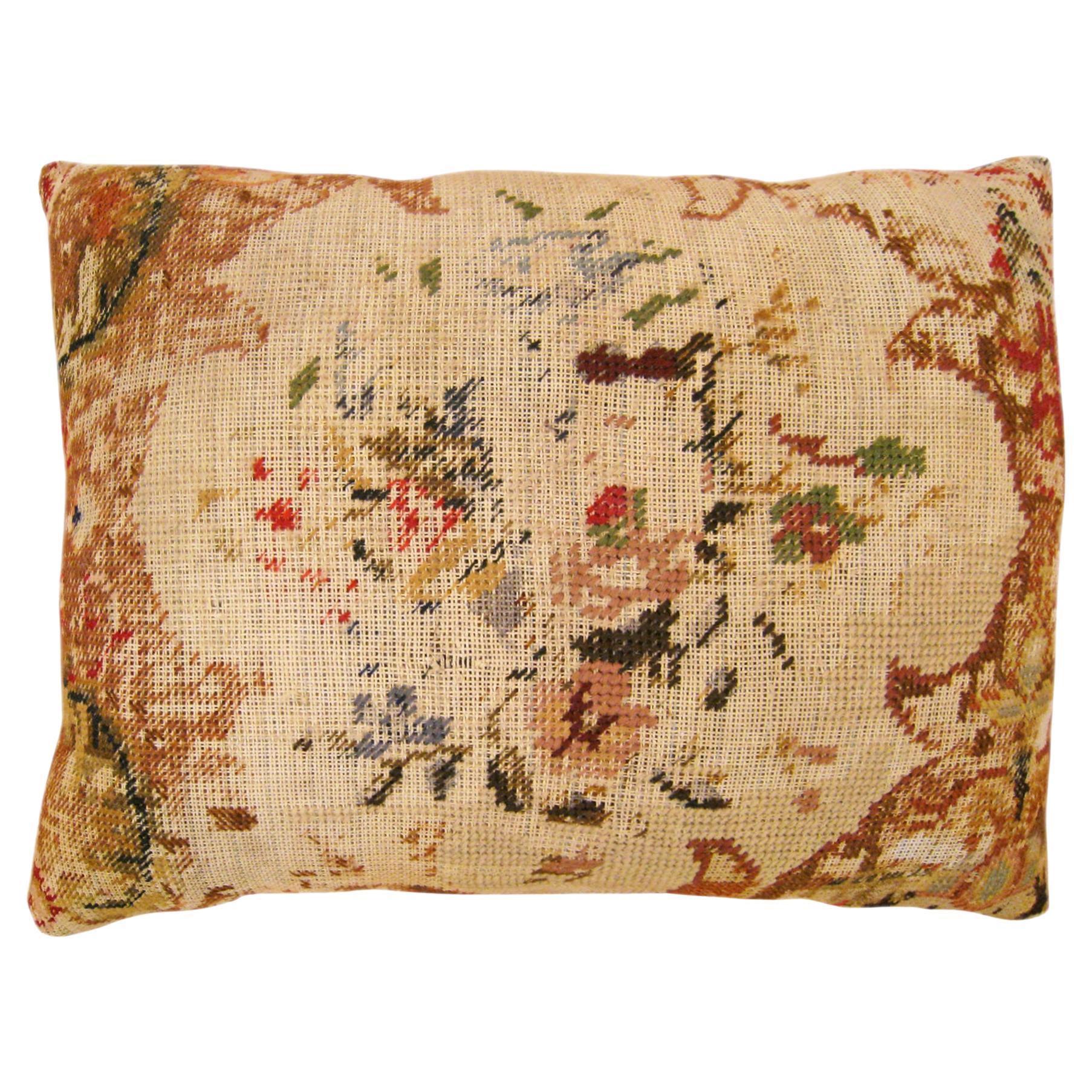 Antique Decorative English Needlepoint Rug Pillow with Floral Elements For Sale