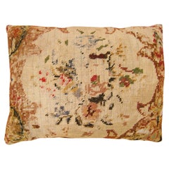 Antique Decorative English Needlepoint Rug Pillow with Floral Elements