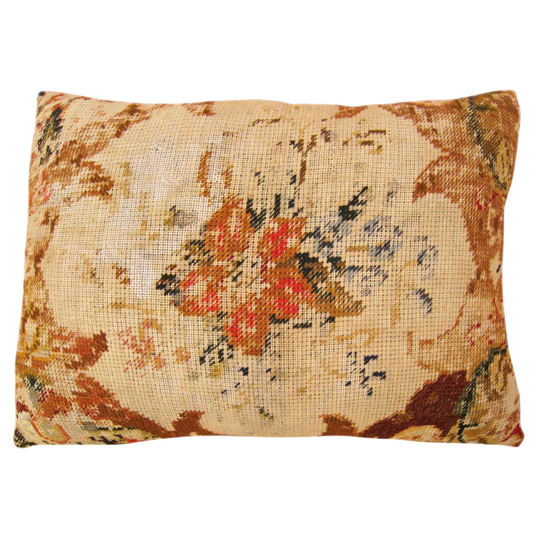  Antique Decorative English Needlepoint Rug Pillow with Floral Elements For Sale