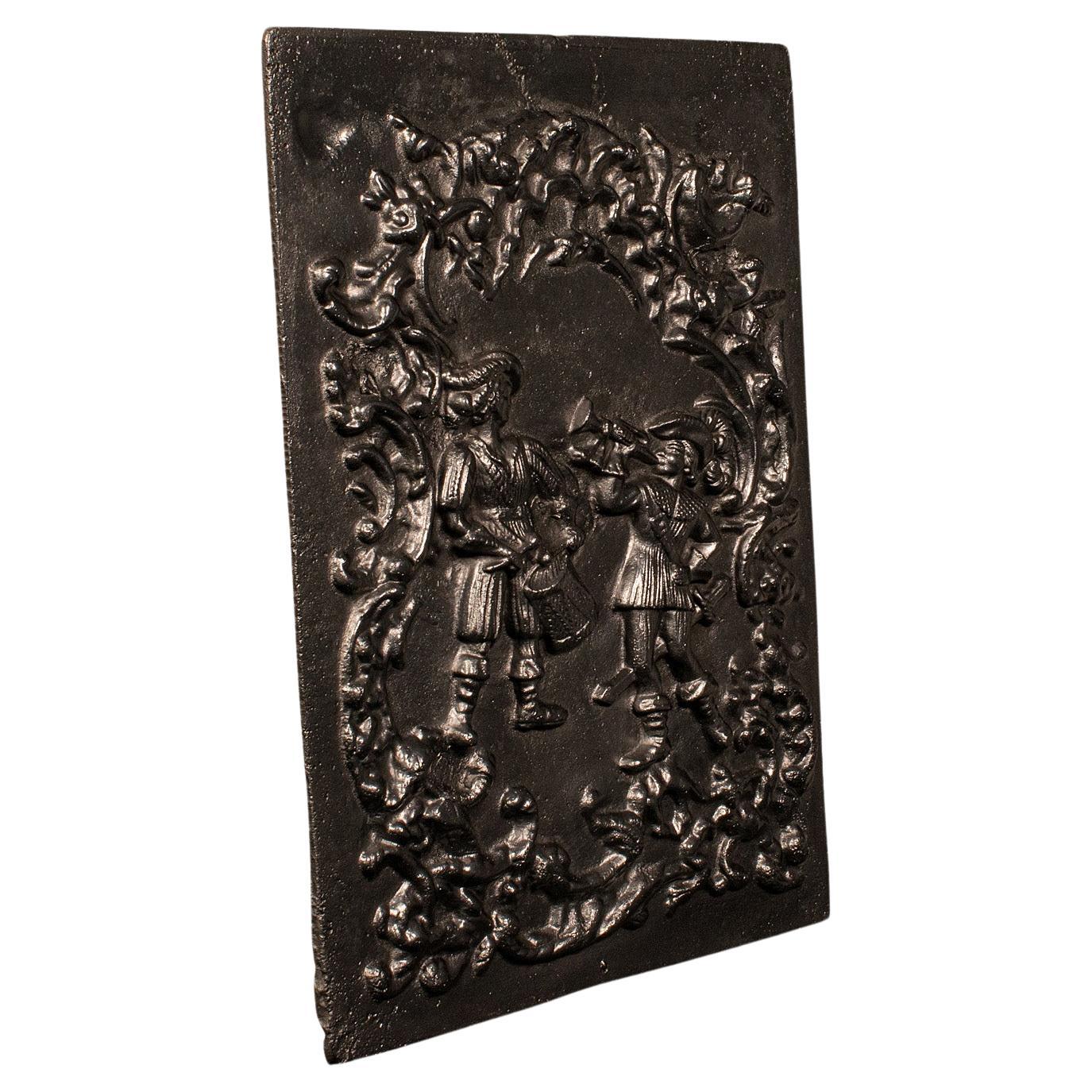 Antique Decorative Fire Back, English, Cast Iron Hearth Panel, Victorian, C.1850 For Sale