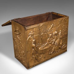 Antique Decorative Fireside Store, Belgian, Brass, Log, Coal Bin, Late Victorian