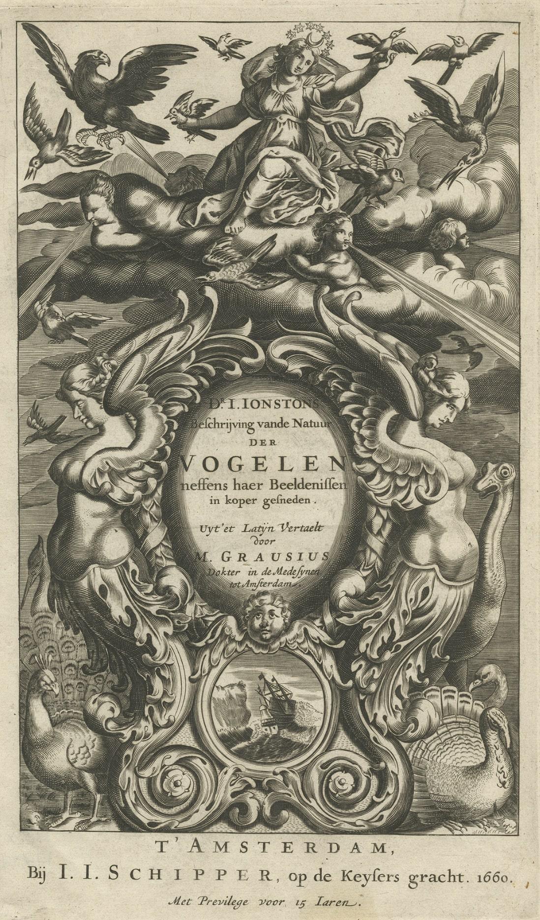 Antique Decorative Frontispiece of Putti and Birds, 1660 In Good Condition For Sale In Langweer, NL