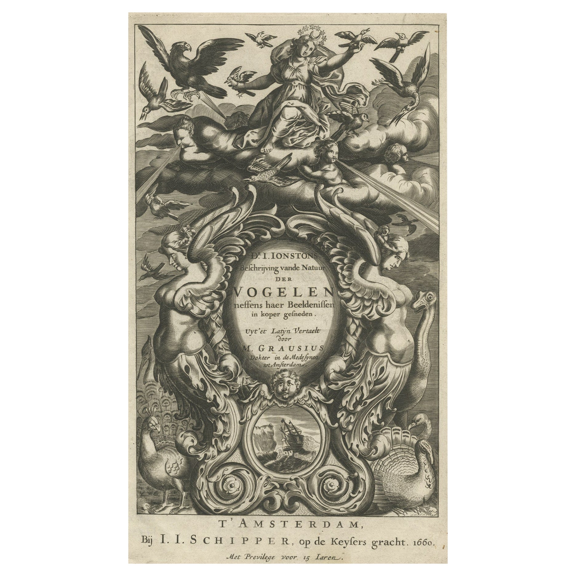 Antico frontespizio decorativo di putti e uccelli, 1660