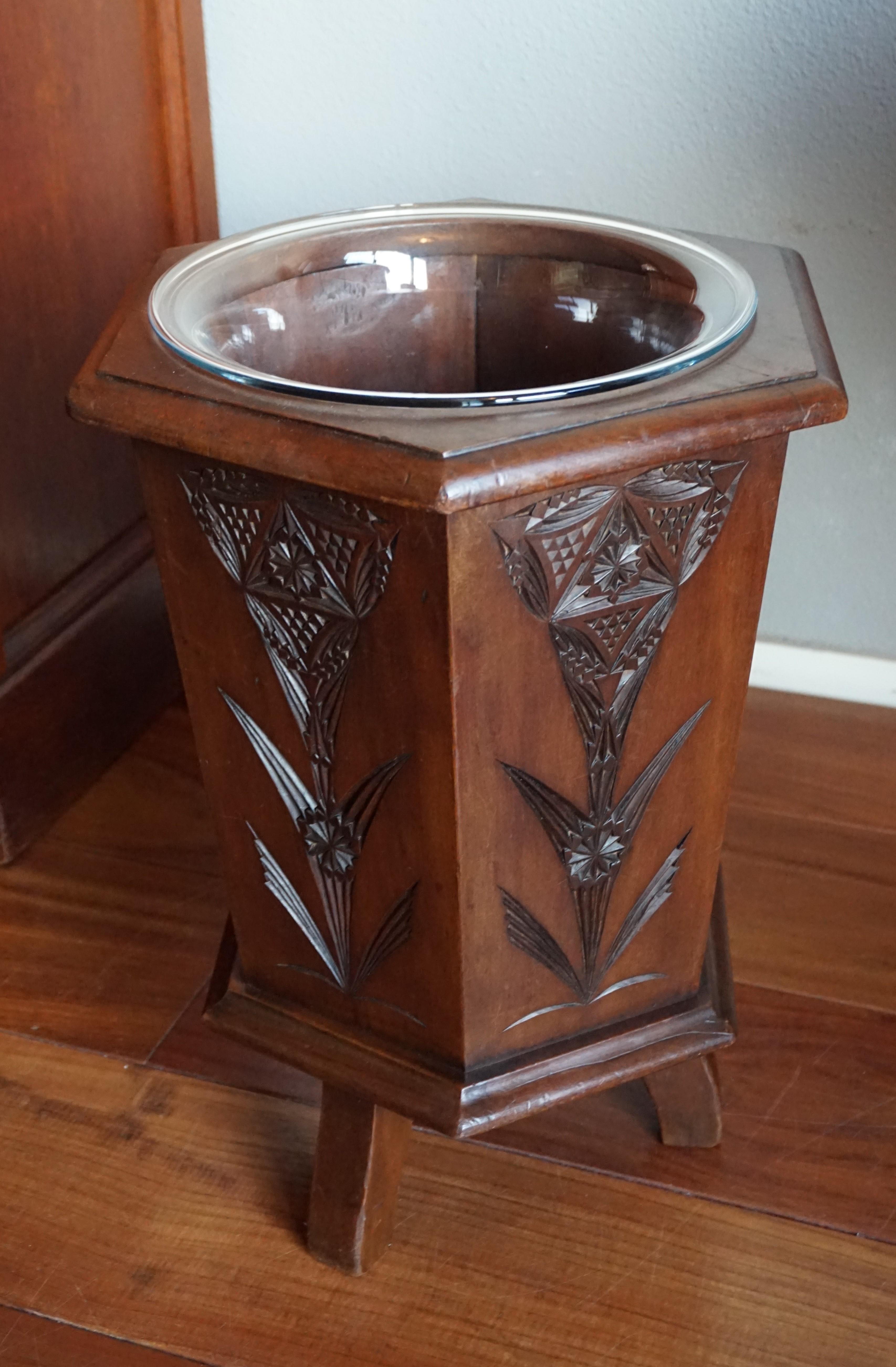 20th Century Antique & Decorative Hand Carved Arts & Crafts Planter / Bucket with Glass Liner