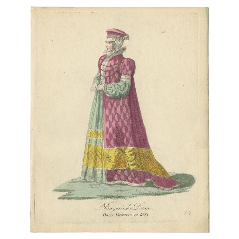 Antique Decorative Hand-Colored Print of a Lady from Bavaria in Germany, 1805 For Sale